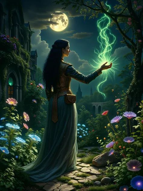 magical atmosphere, nature focus, dim lighting, highly detailed masterwork painting portraying a beautiful witch, sfumato, golden ratio, a serene nighttime scene of a gorgeous nature witch casting a spectacular teal and gold-colored spell over a flower bed in her magical garden, she stands gracefully on a narrow cobblestone path in her lush herb garden, her captivating eyes focused on the spell, while her long, silky black hair flows softly in the night breeze, she wears a flowing, intricately detailed ornate robe in shades of silver and teal, embroidered with floral motifs and a leather pouch filled with herbs at her side, her hands raised, tendrils of glowing green magic unfurling from her fingertips, illuminating the plants around her with mystical light, the distant moon, partially obscured by dramatic clouds, is casting dappled moonlight across the land, the mood is peaceful and enchanting, the scene exuding a quiet sense of wonder, the herb garden is filled with fantastical plants, some bioluminescent, others with surreal shapes, a nearby plant features glowing blue flowers with petals resembling spiraled seashells, casting an ethereal light, another plant has long, twisting leaves that sway gently in response to the witchâs magic, their edges faintly glowing purple, further back, a cluster of bulbous plants with translucent crimson roots pulse faintly, as if alive, contributing to the magical ambiance, the sky above is dramatic, with clouds drifting lazily, half obscuring the full moon, which bathes the garden in soft, silver dappled moonlight, casting gentle shadows and adding depth, the interplay of light and shadow enhances the dreamlike quality of the moment, the witchâs face is serene, reflecting her deep connection to nature, the plants around her vibrant and alive in response to her magical spell, the perspective is intimate, as though the viewer is standing just a few feet away, watching the witch in her natural element, her garden framed by the deep shadows of the night, the foreground is rich in detail, with vibrant plants, the shimmering light of the magic, and the texture of earth and moss beneath her feet, the painting captures the warmth of the scene despite the cool night air, with subtle golden hues blending with the deep greens and purples of the garden, the background features shadowy trees and vines, fading into the dark, mysterious forest beyond, the overall color palette is rich and dark, dominated by deep greens, soft blues, purples, and silver moonlight accentuating the magic and lush garden, the oil painting technique adds depth and texture, with soft, layered brushstrokes giving a sense of movement and life to the garden, detailed perfect hands, detailed background, dark corners, hkmagic, style of titian, <lora:style-titian-flux-by_tangbohu:0.72> <lora:style-wizards_and_witches-v2-flux-by_hailoknight:0.48> <lora:epic_gorgeous_details-balance-flux-by_flyway:0.56> <lora:image_enhancer-flux-by_dever:0.48>