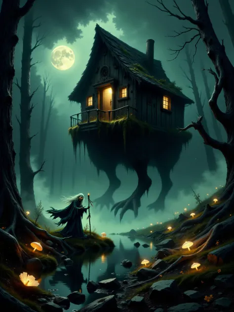 highly detailed dark fantasy-style painting of baba yaga, the witch, in front of her iconic hut on chicken legs, inspired by j.m.w. turner's shade and darkness - the evening of the deluge, eerie and foreboding atmosphere, romanticism, impressionism, surrealism, crepuscular rays, a mist-shrouded ancient primeval forest with otherworldly vegetation, thick with twisted, gnarled trees that loom menacingly over a swamp, tendrils of fog snake along the ground, dense underbrush cloaked in shadows, the landscape is wild, overgrown, and untamed, poisonous creeping vines and roots sprawled in every direction, and amidst the mist stands baba yagaâs infamous hut perched on gigantic, grotesque chicken legs, the hut appears crooked and unstable, yet it towers above the swamp, its twisted wooden structure covered in decaying moss and old, weathered runes, skulls and ominous talismans hanging from the roofâs edge, the foreground is filled with gnarled roots, glowing mushrooms, bioluminescent poisonous-looking swamp flowers, mossy rocks, and decaying leaves, in the background, ancient primeval trees stretch upwards into the mist, their branches clawing at the sky, the oppressive fog wraps everything in a suffocating grip, with baba yagaâs hut standing out in stark contrast, glowing faintly from within, baba yaga stands in the foreground, an old hag, her silhouette hunched, her long grey hair blowing wildly in the night breeze, she is cloaked in tattered robes of dark, earthy tones, her bony hands clutching a twisted wooden staff adorned with bone charms and feathers, her piercing eyes glow with a malevolent light as she gazes at the viewer, her expression twisted with a knowing, sinister grin of dark amusement, her hutâs massive chicken-like legs are mid-step, bent as it moves through the swamp, surrounded by swirling mist, the wooden structure ancient and weathered, the door slightly ajar as though beckoning to anyone foolish enough to approach, low-angle wide shot, the viewer looks up at baba yagaâs imposing figure and the towering hut, emphasizing their size and power, the hut looms ominously in the background while baba yaga stands near the foreground, her hutâs massive legs stepping through the swamp, casting ripples in the murky water below, the low angle creates a sense of looming danger and an overwhelming presence, the scene is dimly lit by the soft glow of the moon, with dappled moonlight filtering through clouds, faint beams of moonlight create dappled shadows across the swamp, the hut itself glows faintly from within, with eerie green and yellow light casting ominous reflections on the murky swamp waters, subtle backlighting from the moon gives baba yagaâs figure an ethereal yet malevolent outline, faint glowing sparks of magic trail from baba yagaâs staff, swirling with the mist, enhancing the dark, mystical feel, dark fantasy aesthetic with surreal elements, emphasizing mood and atmosphere, textures of decaying wood, damp earth, and creeping mist are prominent, creating a vivid sense of place and foreboding, jeddrkfn, horror, <lora:style-dark_fantasy-flux-by_jedas:0.6> <lora:epic_gorgeous_details-balance-flux-by_flyway:0.28> <lora:image_enhancer-flux-by_dever:1.0>