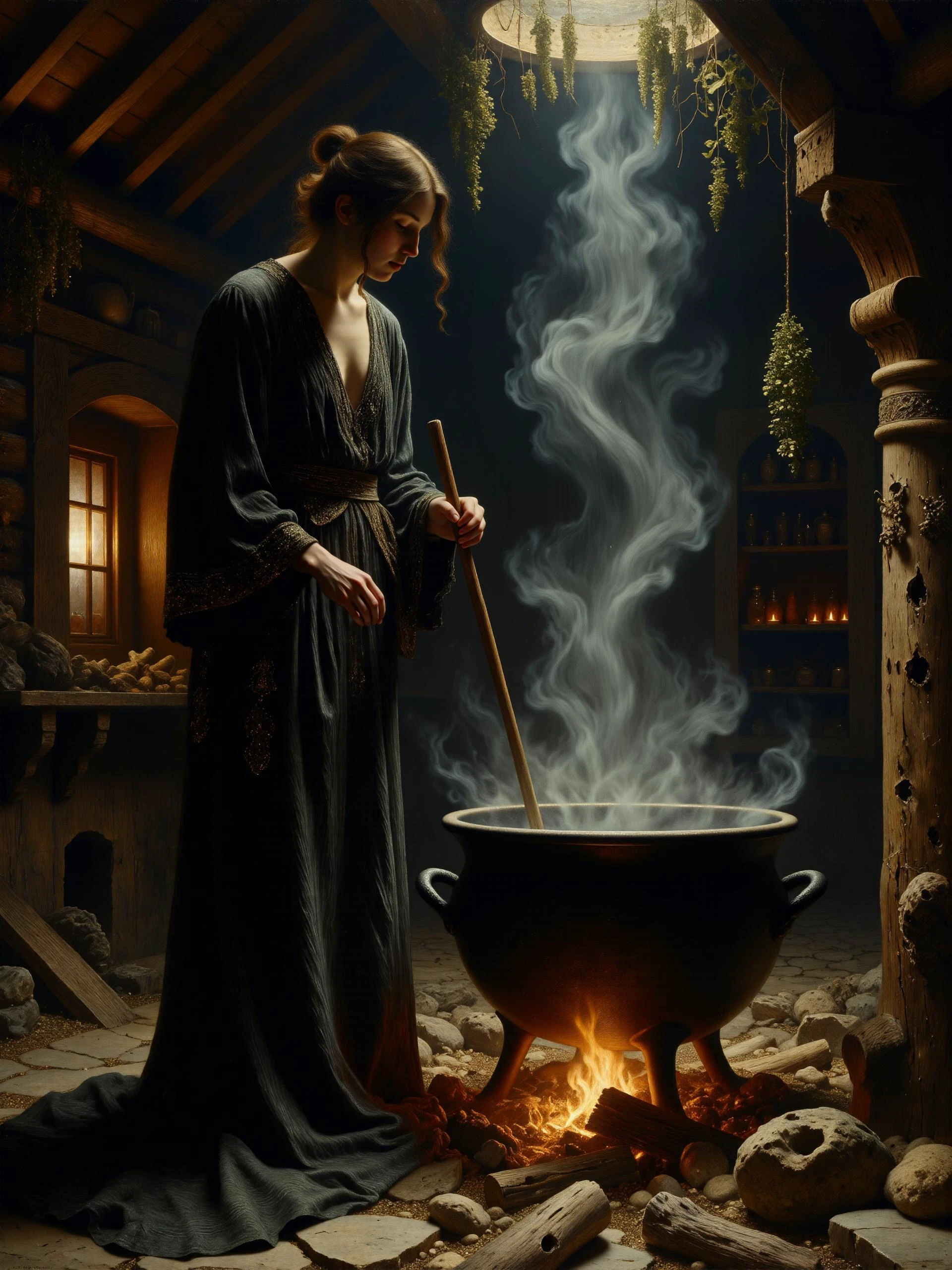 classic painting, dark fantasy, 17th century setting, atmospheric and eerie, a rustic, dimly lit cabin with a stone hearth in the center, the scene illuminated by the flickering glow of a fire and soft beams of moonlight streaming through a small window on the side, casting shadows across the room, the floor is made of worn, rustic stone, adding to the ancient, timeworn feel of the setting, the foreground centers on a large iron cauldron hanging from a hook over a fire made of burning wooden logs surrounded by weathered stones, below it, the rough, aged stone floor reflects the orange glow of the flames, shelves filled with mysterious ingredients line the walls in the background, casting an air of secrecy and old-world magic, dried herbs hang from the worn wooden beams above, wisps of steam rise from the cauldron, swirling lazily into the air, adding a misty, ethereal quality, while moonlight cuts through the scene with crepuscular rays, the subject is a gorgeous young witch, wearing a flowing black robe embroidered with silver, her full figure is visible, standing tall beside the cauldron, her robe sweeping down to the floor, stirring the bubbling liquid with a long, gnarled wooden staff, her attire is elegantly draped, the silver embroidery glinting faintly in the firelight, her face is serene and focused, her sharp eyes glinting in the low light as she watches her potion brew, steam curling around her, adding to the eerie atmosphere, her graceful posture contrasts with the dark, rustic surroundings, a full body shot from a low angle, looking slightly upward at the witch, emphasizing her tall, commanding presence within the room, the cauldron, the fire, and the rustic stone floor all in view, the perspective highlights the space between her and the cauldron, creating a sense of depth and allowing the viewer to take in the full, eerie environment, dim, ambient lighting, with the fire beneath the cauldron serving as the main light source, casting a warm, flickering glow across the scene, the soft beams of moonlight entering through the small window add a cold, silvery contrast, highlighting her robe, the stone floor, and the surrounding ingredients in faint, ethereal light, subtle crepuscular rays cut through the steam, deepening the mysticism of the moment, oil on canvas, rich textures and soft, layered brushstrokes, capturing the glow of firelight and the cool highlights of moonbeams, a subdued color palette with deep blacks, dark browns, silvers, shades of green from the herbs, and shades of orange from the fire, delicate lighting effects enhance the magical atmosphere of the witch's quiet ritual, style of gaston bussiere, <lora:style-gaston_bussiere-flux-by_tangbohu:0.6> <lora:style-classic_paint-flux-by_andreac75:0.6> <lora:image_enhancer-flux-by_dever:0.8>