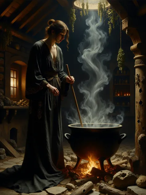 classic painting, dark fantasy, 17th century setting, atmospheric and eerie, a rustic, dimly lit cabin with a stone hearth in the center, the scene illuminated by the flickering glow of a fire and soft beams of moonlight streaming through a small window on the side, casting shadows across the room, the floor is made of worn, rustic stone, adding to the ancient, timeworn feel of the setting, the foreground centers on a large iron cauldron hanging from a hook over a fire made of burning wooden logs surrounded by weathered stones, below it, the rough, aged stone floor reflects the orange glow of the flames, shelves filled with mysterious ingredients line the walls in the background, casting an air of secrecy and old-world magic, dried herbs hang from the worn wooden beams above, wisps of steam rise from the cauldron, swirling lazily into the air, adding a misty, ethereal quality, while moonlight cuts through the scene with crepuscular rays, the subject is a gorgeous young witch, wearing a flowing black robe embroidered with silver, her full figure is visible, standing tall beside the cauldron, her robe sweeping down to the floor, stirring the bubbling liquid with a long, gnarled wooden staff, her attire is elegantly draped, the silver embroidery glinting faintly in the firelight, her face is serene and focused, her sharp eyes glinting in the low light as she watches her potion brew, steam curling around her, adding to the eerie atmosphere, her graceful posture contrasts with the dark, rustic surroundings, a full body shot from a low angle, looking slightly upward at the witch, emphasizing her tall, commanding presence within the room, the cauldron, the fire, and the rustic stone floor all in view, the perspective highlights the space between her and the cauldron, creating a sense of depth and allowing the viewer to take in the full, eerie environment, dim, ambient lighting, with the fire beneath the cauldron serving as the main light source, casting a warm, flickering glow across the scene, the soft beams of moonlight entering through the small window add a cold, silvery contrast, highlighting her robe, the stone floor, and the surrounding ingredients in faint, ethereal light, subtle crepuscular rays cut through the steam, deepening the mysticism of the moment, oil on canvas, rich textures and soft, layered brushstrokes, capturing the glow of firelight and the cool highlights of moonbeams, a subdued color palette with deep blacks, dark browns, silvers, shades of green from the herbs, and shades of orange from the fire, delicate lighting effects enhance the magical atmosphere of the witch's quiet ritual, style of gaston bussiere, <lora:style-gaston_bussiere-flux-by_tangbohu:0.6> <lora:style-classic_paint-flux-by_andreac75:0.6> <lora:image_enhancer-flux-by_dever:0.8>
