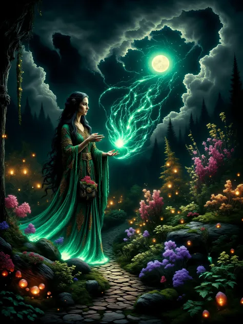 magical atmosphere, nature focus, dim lighting, highly detailed masterwork painting portraying a beautiful witch, sfumato, golden ratio, a serene nighttime scene of a gorgeous nature witch casting a spectacular teal and gold-colored spell over a flower bed in her magical garden, she stands gracefully on a narrow cobblestone path in her lush herb garden, her captivating eyes focused on the spell, while her long, silky black hair flows softly in the night breeze, she wears a flowing, intricately detailed ornate robe in shades of sea green and bordeaux, embroidered with floral motifs and a leather pouch filled with herbs at her side, her hands raised, tendrils of glowing green magic unfurling from her fingertips, illuminating the plants around her with mystical light, the distant moon, partially obscured by dramatic clouds, is casting dappled moonlight across the land, the mood is peaceful and enchanting, the scene exuding a quiet sense of wonder, the herb garden is filled with fantastical plants, some bioluminescent, others with surreal shapes, a nearby plant features glowing blue flowers with petals resembling spiraled seashells, casting an ethereal light, another plant has long, twisting leaves that sway gently in response to the witchâs magic, their edges faintly glowing purple, further back, a cluster of bulbous plants with translucent crimson roots pulse faintly, as if alive, contributing to the magical ambiance, the sky above is dramatic, with clouds drifting lazily, half obscuring the full moon, which bathes the garden in soft, silver dappled moonlight, casting gentle shadows and adding depth, the interplay of light and shadow enhances the dreamlike quality of the moment, the witchâs face is serene, reflecting her deep connection to nature, the plants around her vibrant and alive in response to her magical spell, the perspective is intimate, as though the viewer is standing just a few feet away, watching the witch in her natural element, her garden framed by the deep shadows of the night, the foreground is rich in detail, with vibrant plants, the shimmering light of the magic, and the texture of earth and moss beneath her feet, the painting captures the warmth of the scene despite the cool night air, with subtle golden hues blending with the deep greens and purples of the garden, the background features shadowy trees and vines, fading into the dark, mysterious forest beyond, the overall color palette is rich and dark, dominated by deep greens, soft blues, purples, and silver moonlight accentuating the magic and lush garden, the oil painting technique adds depth and texture, with soft, layered brushstrokes giving a sense of movement and life to the garden, detailed perfect hands, detailed background, dark corners, hkmagic, style of dan mumford, <lora:style-dan_mumford-v2-flux-by_tangbohu:0.84> <lora:style-wizards_and_witches-v2-flux-by_hailoknight:0.6> <lora:epic_gorgeous_details-balance-flux-by_flyway:0.52> <lora:image_enhancer-flux-by_dever:0.88>