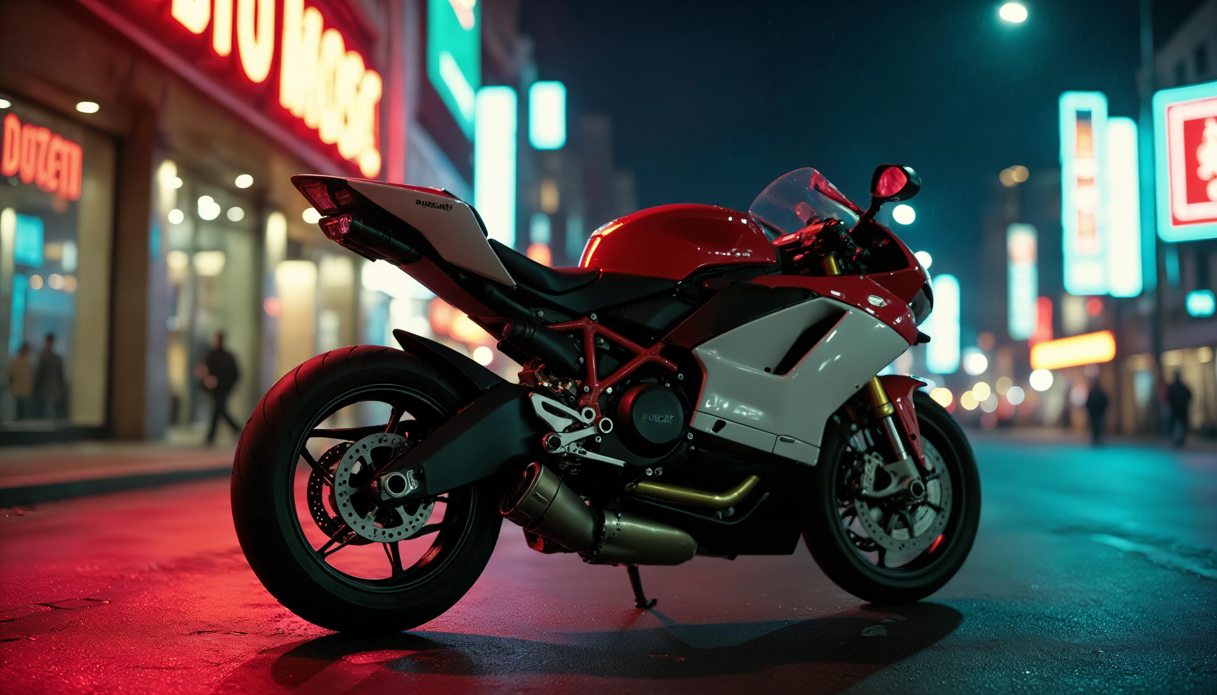analog photo, Ducati motorcycle in cyberpunk city, night, neon lights, Porta 160 color, shot on ARRI ALEXA 65, bokeh, sharp focus on subject, shot by Don McCullin,