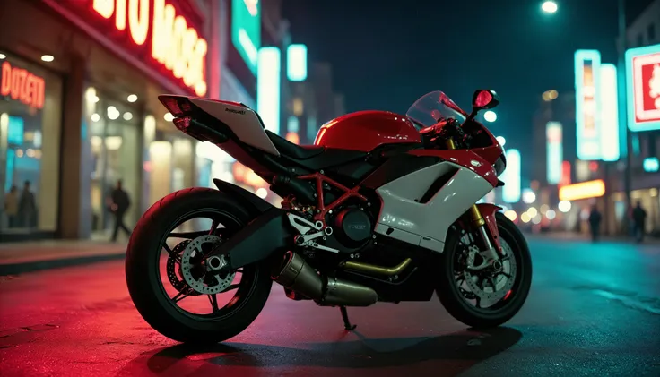 analog photo, Ducati motorcycle in cyberpunk city, night, neon lights, Porta 160 color, shot on ARRI ALEXA 65, bokeh, sharp focus on subject, shot by Don McCullin,
