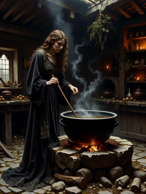 classic painting, dark fantasy, 17th century setting, atmospheric and eerie, a rustic, dimly lit cabin with a stone hearth in the center, the scene illuminated by the flickering glow of a fire and soft beams of moonlight streaming through a small window on the side, casting shadows across the room, the floor is made of worn, rustic stone, adding to the ancient, timeworn feel of the setting, the foreground centers on a large iron cauldron hanging from a hook over a fire made of burning wooden logs surrounded by weathered stones, below it, the rough, aged stone floor reflects the orange glow of the flames, shelves filled with mysterious ingredients line the walls in the background, casting an air of secrecy and old-world magic, dried herbs hang from the worn wooden beams above, wisps of steam rise from the cauldron, swirling lazily into the air, adding a misty, ethereal quality, while moonlight cuts through the scene with crepuscular rays, the subject is a gorgeous young witch, wearing a flowing black robe embroidered with silver, her full figure is visible, standing tall beside the cauldron, her robe sweeping down to the floor, stirring the bubbling liquid with a long, gnarled wooden staff, her attire is elegantly draped, the silver embroidery glinting faintly in the firelight, her face is serene and focused, her sharp eyes glinting in the low light as she watches her potion brew, steam curling around her, adding to the eerie atmosphere, her graceful posture contrasts with the dark, rustic surroundings, a full body shot from a low angle, looking slightly upward at the witch, emphasizing her tall, commanding presence within the room, the cauldron, the fire, and the rustic stone floor all in view, the perspective highlights the space between her and the cauldron, creating a sense of depth and allowing the viewer to take in the full, eerie environment, dim, ambient lighting, with the fire beneath the cauldron serving as the main light source, casting a warm, flickering glow across the scene, the soft beams of moonlight entering through the small window add a cold, silvery contrast, highlighting her robe, the stone floor, and the surrounding ingredients in faint, ethereal light, subtle crepuscular rays cut through the steam, deepening the mysticism of the moment, oil on canvas, rich textures and soft, layered brushstrokes, capturing the glow of firelight and the cool highlights of moonbeams, a subdued color palette with deep blacks, dark browns, silvers, and soft oranges from the fire, delicate lighting effects enhance the magical atmosphere of the witch's quiet ritual, style of edmund leighton, <lora:style-edmund_leighton-flux-by_tangbohu:0.88> <lora:style-classic_paint-flux-by_andreac75:0.6> <lora:image_enhancer-flux-by_dever:0.8>