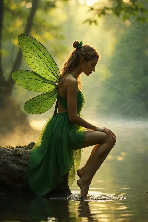 a photo of a beautiful slender young woman wearing a short dress made of green leaves She has large dragonfly wings on her back, and she is sitting on a branch over a misty forest lake, dipping her toes in the water. Shot from the side. Golden hour. Dreamy