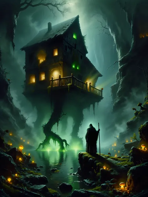 highly detailed dark fantasy-style painting of baba yaga, the witch, in front of her iconic hut on chicken legs, inspired by j.m.w. turner's shade and darkness - the evening of the deluge, eerie and foreboding atmosphere, romanticism, impressionism, surrealism, crepuscular rays, a mist-shrouded ancient primeval forest with otherworldly vegetation, thick with twisted, gnarled trees that loom menacingly over a swamp, tendrils of fog snake along the ground, dense underbrush cloaked in shadows, the landscape is wild, overgrown, and untamed, poisonous creeping vines and roots sprawled in every direction, and amidst the mist stands baba yagaâs infamous, surreal hut perched on two gigantic chicken legs, the hut appears crooked and unstable, yet it towers above the swamp, its twisted wooden structure covered in decaying moss and old, weathered runes, skulls and ominous talismans hanging from the roofâs edge, the foreground is filled with gnarled roots, glowing mushrooms, bioluminescent poisonous-looking swamp flowers, mossy rocks, and decaying leaves, in the background, ancient primeval trees stretch upwards into the mist, their branches clawing at the sky, the oppressive fog wraps everything in a suffocating grip, with baba yagaâs hut standing out in stark contrast, glowing faintly from within, baba yaga stands in the foreground, an old hag, her silhouette hunched, her long grey hair blowing wildly in the night breeze, she is cloaked in tattered robes of dark, earthy tones, her bony hands clutching a twisted wooden staff adorned with bone charms and feathers, her piercing eyes glow with a malevolent light as she gazes at the viewer, her expression twisted with a knowing, sinister grin of dark amusement, her hutâs massive chicken-like legs are mid-step, bent as it moves through the swamp, surrounded by swirling mist, the wooden structure ancient and weathered, the door slightly ajar as though beckoning to anyone foolish enough to approach, low-angle wide shot, the viewer looks up at baba yagaâs imposing figure and the towering hut, emphasizing their size and power, the hut looms ominously in the background while baba yaga stands near the foreground, her hutâs massive legs stepping through the swamp, casting ripples in the murky water below, the low angle creates a sense of looming danger and an overwhelming presence, the scene is dimly lit by the soft glow of the moon, with dappled moonlight filtering through clouds, faint beams of moonlight create dappled shadows across the swamp, the hut itself glows faintly from within, with eerie green and yellow light casting ominous reflections on the murky swamp waters, subtle backlighting from the moon gives baba yagaâs figure an ethereal yet malevolent outline, faint glowing sparks of magic trail from baba yagaâs staff, swirling with the mist, enhancing the dark, mystical feel, dark fantasy aesthetic with surreal elements, emphasizing mood and atmosphere, textures of decaying wood, damp earth, and creeping mist are prominent, creating a vivid sense of place and foreboding, style of carl spitzweg, <lora:style-carl_spitzweg-flux-by_tangbohu:0.88> <lora:image_enhancer-flux-by_dever:1.0>