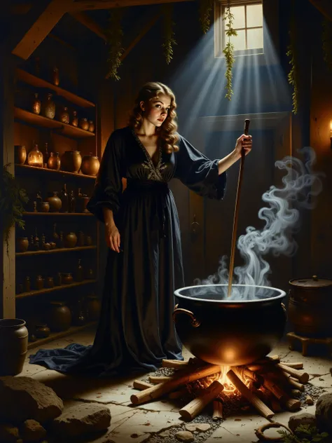 classic painting, dappled lighting, 17th century setting, highly atmospheric masterwork painting, a rustic, dimly lit cabin with a stone hearth in the center, the scene illuminated by the flickering glow of a fire and soft beams of moonlight streaming through a small window on the side, casting shadows across the room, the floor is made of rustic granite stone, adding to the ancient, timeworn feel of the setting, the foreground centers on a large iron cauldron hanging from a hook over a fire made of burning wooden logs surrounded by weathered granite stones, below it, the granite stone floor reflects the orange glow of the flames, shelves filled with mysterious ingredients line the walls in the background, casting an air of secrecy and old-world magic, dried herbs hang from the worn wooden beams above, wisps of steam rise from the cauldron, swirling lazily into the air, adding a misty, ethereal quality, while moonlight cuts through the scene with crepuscular rays, the subject is a gorgeous young witch, wearing a flowing black robe embroidered with silver, her full figure is visible, standing tall beside the cauldron, her robe sweeping down to the floor, stirring the bubbling liquid with a long, ornate magic staff, her attire is elegantly draped, the silver embroidery glinting faintly in the firelight, her face is serene and focused, her sharp eyes glinting in the low light as she watches her potion brew, steam curling around her, adding to the eerie atmosphere, her graceful posture contrasts with the dark, rustic surroundings, a full body shot from a low angle, looking slightly upward at the witch, emphasizing her tall, commanding presence within the room, the cauldron, the fire, and the granite stone floor all in view, the perspective highlights the space between her and the cauldron, creating a sense of depth and allowing the viewer to take in the full, eerie environment, dim, ambient lighting, with the fire beneath the cauldron serving as the main light source, casting a warm, flickering glow across the scene, the soft beams of moonlight entering through the small window add a cold, silvery contrast, highlighting her robe, the granite stone floor, and the surrounding ingredients in faint, ethereal light, subtle crepuscular rays cut through the steam, deepening the mysticism of the moment, oil on canvas, rich textures and soft, layered brushstrokes, capturing the glow of firelight and the cool highlights of moonbeams, a subdued color palette with deep blacks, dark browns, silvers, shades of green from the herbs, and shades of orange from the fire, delicate lighting effects enhance the magical atmosphere of the witch's quiet ritual, style of art frahm, <lora:style-art_frahm-flux-by_tangbohu:0.88> <lora:style-classic_paint-flux-by_andreac75:0.52> <lora:image_enhancer-flux-by_dever:0.72>