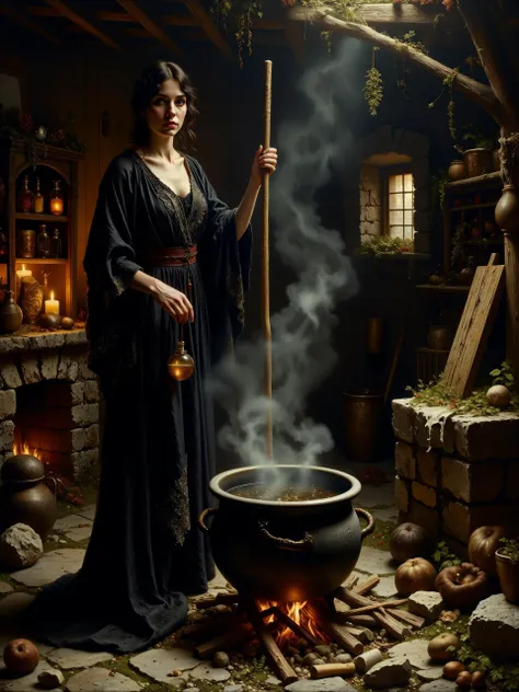 classic painting, dappled lighting, 17th century setting, highly atmospheric masterwork painting, a rustic, dimly lit cabin with a stone hearth in the center, the scene illuminated by the flickering glow of a fire and soft beams of moonlight streaming through a small window on the side, casting shadows across the room, the floor is made of worn, rustic stone, adding to the ancient, timeworn feel of the setting, the foreground centers on a large iron cauldron hanging from a hook over a fire made of burning wooden logs surrounded by weathered granite stones, below it, the granite stone floor reflects the orange glow of the flames, shelves filled with mysterious ingredients line the walls in the background, casting an air of secrecy and old-world magic, dried herbs hang from the worn wooden beams above, wisps of steam rise from the cauldron, swirling lazily into the air, adding a misty, ethereal quality, while moonlight cuts through the scene with crepuscular rays, the subject is a gorgeous young witch, wearing a flowing black robe embroidered with silver, her full figure is visible, standing tall beside the cauldron, her robe sweeping down to the floor, stirring the bubbling liquid with a long, gnarled wooden staff, her attire is elegantly draped, the silver embroidery glinting faintly in the firelight, her face is serene and focused, her sharp eyes glinting in the low light as she watches her potion brew, steam curling around her, adding to the eerie atmosphere, her graceful posture contrasts with the dark, rustic surroundings, a full body shot from a low angle, looking slightly upward at the witch, emphasizing her tall, commanding presence within the room, the cauldron, the fire, and the granite stone floor all in view, the perspective highlights the space between her and the cauldron, creating a sense of depth and allowing the viewer to take in the full, eerie environment, dim, ambient lighting, with the fire beneath the cauldron serving as the main light source, casting a warm, flickering glow across the scene, the soft beams of moonlight entering through the small window add a cold, silvery contrast, highlighting her robe, the granite stone floor, and the surrounding ingredients in faint, ethereal light, subtle crepuscular rays cut through the steam, deepening the mysticism of the moment, oil on canvas, rich textures and soft, layered brushstrokes, capturing the glow of firelight and the cool highlights of moonbeams, a subdued color palette with deep blacks, dark browns, silvers, shades of green from the herbs, and shades of orange from the fire, delicate lighting effects enhance the magical atmosphere of the witch's quiet ritual, style of clyde caldwell, <lora:style-clyde_caldwell-flux-by_tangbohu:0.76> <lora:style-classic_paint-flux-by_andreac75:0.6> <lora:image_enhancer-flux-by_dever:0.8>