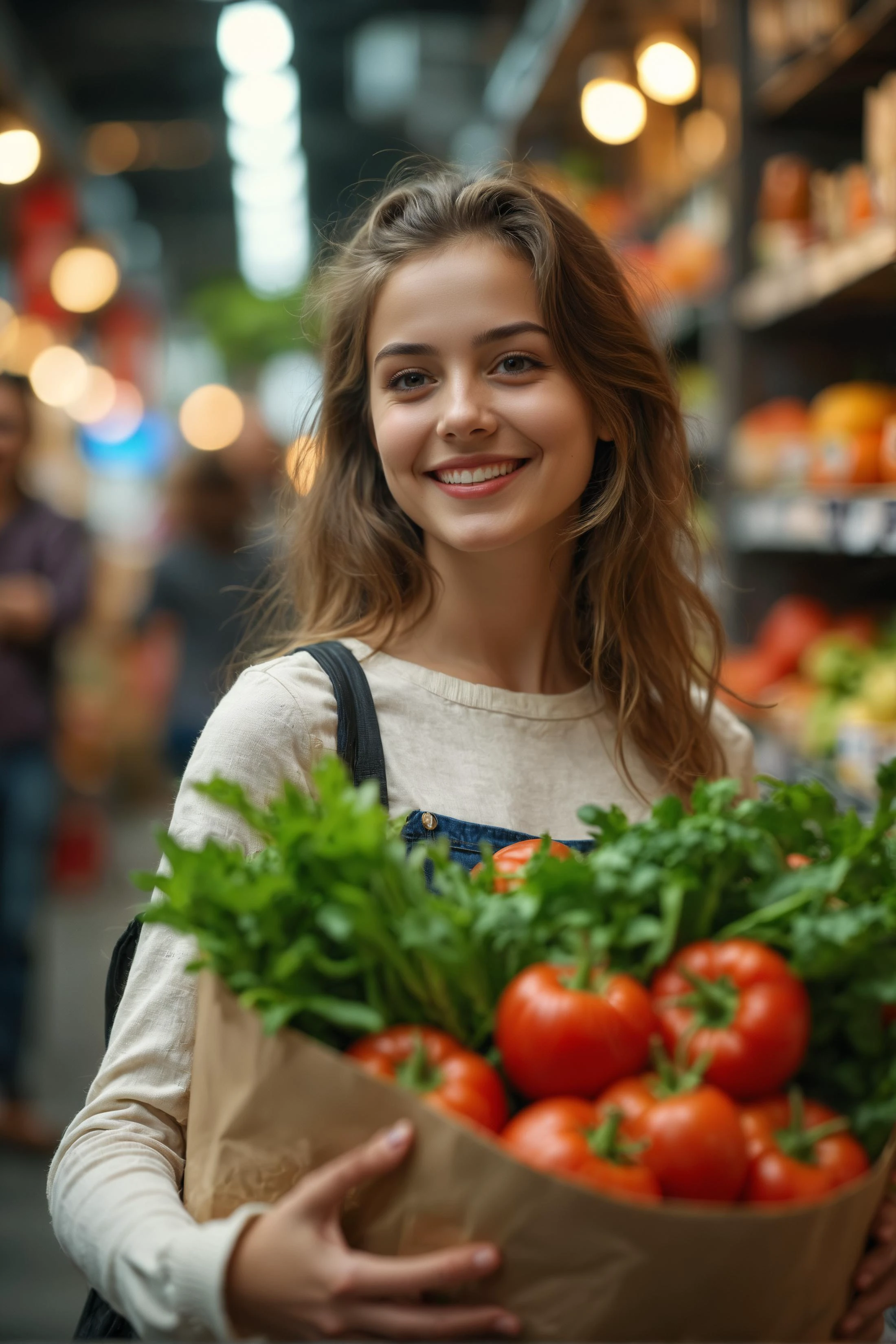 amazing quality, masterpiece, best quality, hyper detailed, ultra detailed, Cinematic still of girl holding shopping bag full of vegetables, shopping with smile in a market. . Shallow depth of field, vignette, highly detailed, high budget, bokeh, Cinemascope, moody, epic, gorgeous, film grain, grainy