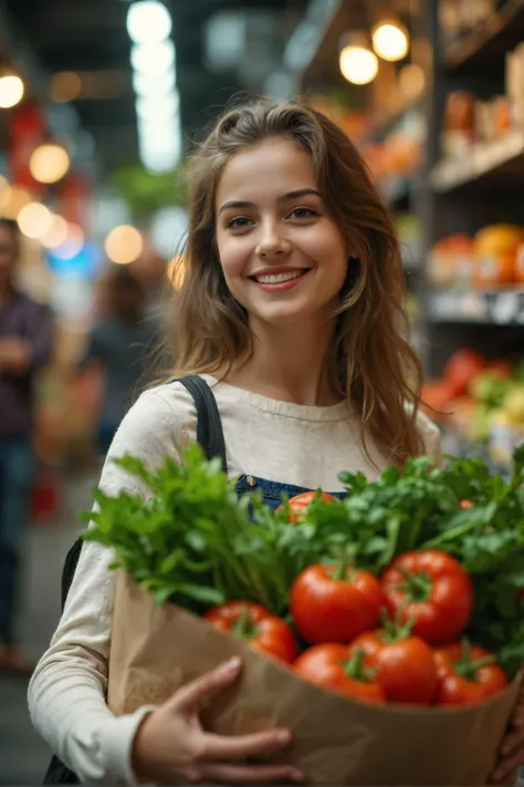 amazing quality, masterpiece, best quality, hyper detailed, ultra detailed, Cinematic still of girl holding shopping bag full of vegetables, shopping with smile in a market. . Shallow depth of field, vignette, highly detailed, high budget, bokeh, Cinemascope, moody, epic, gorgeous, film grain, grainy