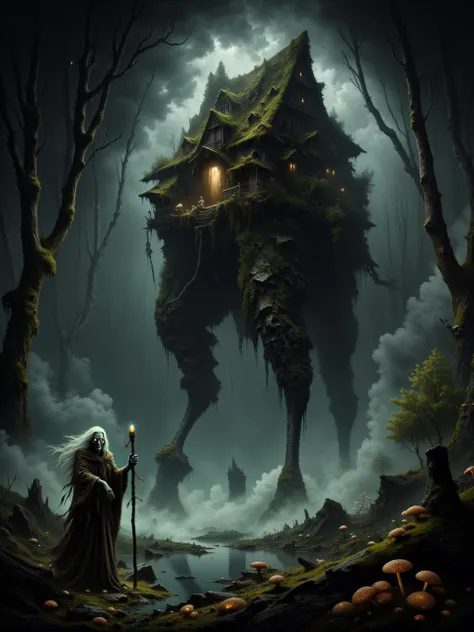 highly detailed dark fantasy-style painting of baba yaga, the witch, in front of her iconic hut on chicken legs, inspired by j.m.w. turner's shade and darkness - the evening of the deluge, eerie and foreboding atmosphere, romanticism, impressionism, surrealism, crepuscular rays, a mist-shrouded ancient primeval forest with otherworldly vegetation, thick with twisted, gnarled trees that loom menacingly over a swamp, tendrils of fog snake along the ground, dense underbrush cloaked in shadows, the landscape is wild, overgrown, and untamed, poisonous creeping vines and roots sprawled in every direction, and amidst the mist stands baba yagaâs infamous hut perched on gigantic, grotesque chicken legs, the hut appears crooked and unstable, yet it towers above the swamp, its twisted wooden structure covered in decaying moss and old, weathered runes, skulls and ominous talismans hanging from the roofâs edge, the foreground is filled with gnarled roots, glowing mushrooms, bioluminescent poisonous-looking swamp flowers, mossy rocks, and decaying leaves, in the background, ancient primeval trees stretch upwards into the mist, their branches clawing at the sky, the oppressive fog wraps everything in a suffocating grip, with baba yagaâs hut standing out in stark contrast, glowing faintly from within, baba yaga stands in the foreground, an old hag, her silhouette hunched, her long grey hair blowing wildly in the night breeze, she is cloaked in tattered robes of dark, earthy tones, her bony hands clutching a twisted wooden staff decorated with bone charms and feathers, her piercing eyes glow with a malevolent light as she gazes at the viewer, her expression twisted with a knowing, sinister grin of dark amusement, her hutâs massive chicken-like legs are mid-step, bent as it moves through the swamp, surrounded by swirling mist, the wooden structure ancient and weathered, the door slightly ajar as though beckoning to anyone foolish enough to approach, low-angle wide shot, the viewer looks up at baba yagaâs imposing figure and the towering hut, emphasizing their size and power, the hut looms ominously in the background while baba yaga stands near the foreground, her hutâs massive legs stepping through the swamp, casting ripples in the murky water below, the low angle creates a sense of looming danger and an overwhelming presence, the scene is dimly lit by the soft glow of the moon, with dappled moonlight filtering through clouds, faint beams of moonlight create dappled shadows across the swamp, the hut itself glows faintly from within, with eerie green and yellow light casting ominous reflections on the murky swamp waters, subtle backlighting from the moon gives baba yagaâs figure an ethereal yet malevolent outline, faint glowing sparks of magic trail from baba yagaâs staff, swirling with the mist, enhancing the dark, mystical feel, dark fantasy aesthetic with surreal elements, emphasizing mood and atmosphere, textures of decaying wood, damp earth, and creeping mist are prominent, creating a vivid sense of place and foreboding, fredfraistyle, <lora:knight_and_warrior-fred_fraiche-flux-by_ldworksdervlex:0.64> <lora:epic_gorgeous_details-balance-flux-by_flyway:0.44> <lora:image_enhancer-flux-by_dever:1.0>