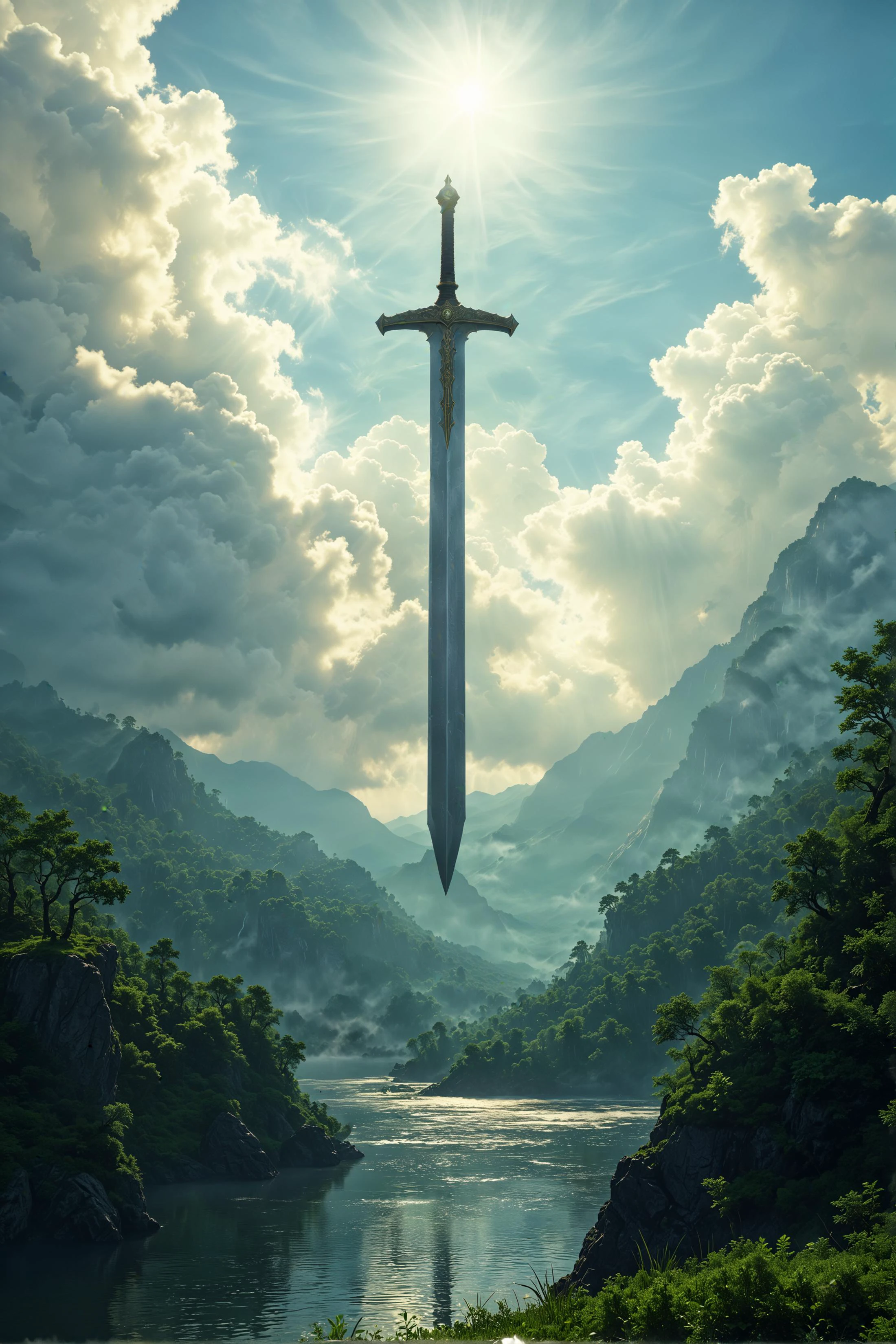 A huge sword lodged into the earth rising high up into the atmosphere seen from a very far distance. he sword is rising above the clouds. The surrounding land is lush and green and verdant forrest and lakes.