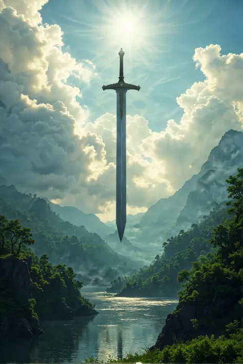 A huge sword lodged into the earth rising high up into the atmosphere seen from a very far distance. he sword is rising above the clouds. The surrounding land is lush and green and verdant forrest and lakes.