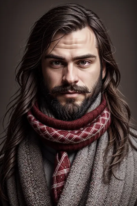 <lora:SantaOverlordsStyle:0.8> Santa Overlords Style, solo, long hair, looking at viewer, simple background, brown hair, 1boy, upper body, male focus, grey background, scarf, facial hair, portrait, christmas, beard, mustache, realistic