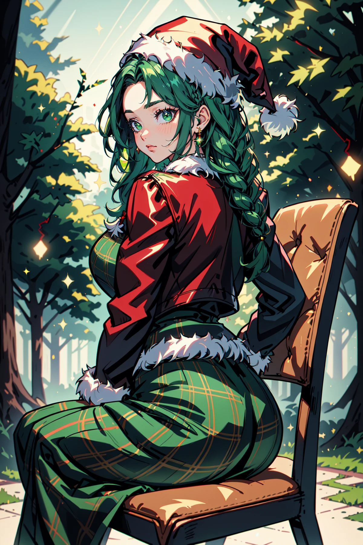 Mrs Claus, Woman in a green victorian costume, leather jacket, retro theme, braids, dreadlocks, makeup, eyeliner, santa hat, plaid green full skirt, christmas theme, green, trees, side lighting, LUT movie style, back lit, magic, Rembrandt lighting, skindentation, gossamer, inked lines, best illustration, officical art, teamgreenstyle, dynamic angle, semi realistic, 2.5d, chair, sitting, fashion photography pose, Santa Overlords Style, holidayxl style , Best_QualityPos , LoFiFilter, PolaroidFilter, <lora:TeamGreenStyle:0.5>, <lora:SantaOverlordsStyle:0.3>, <lora:HolidayIdidalittlebit:0.25>
