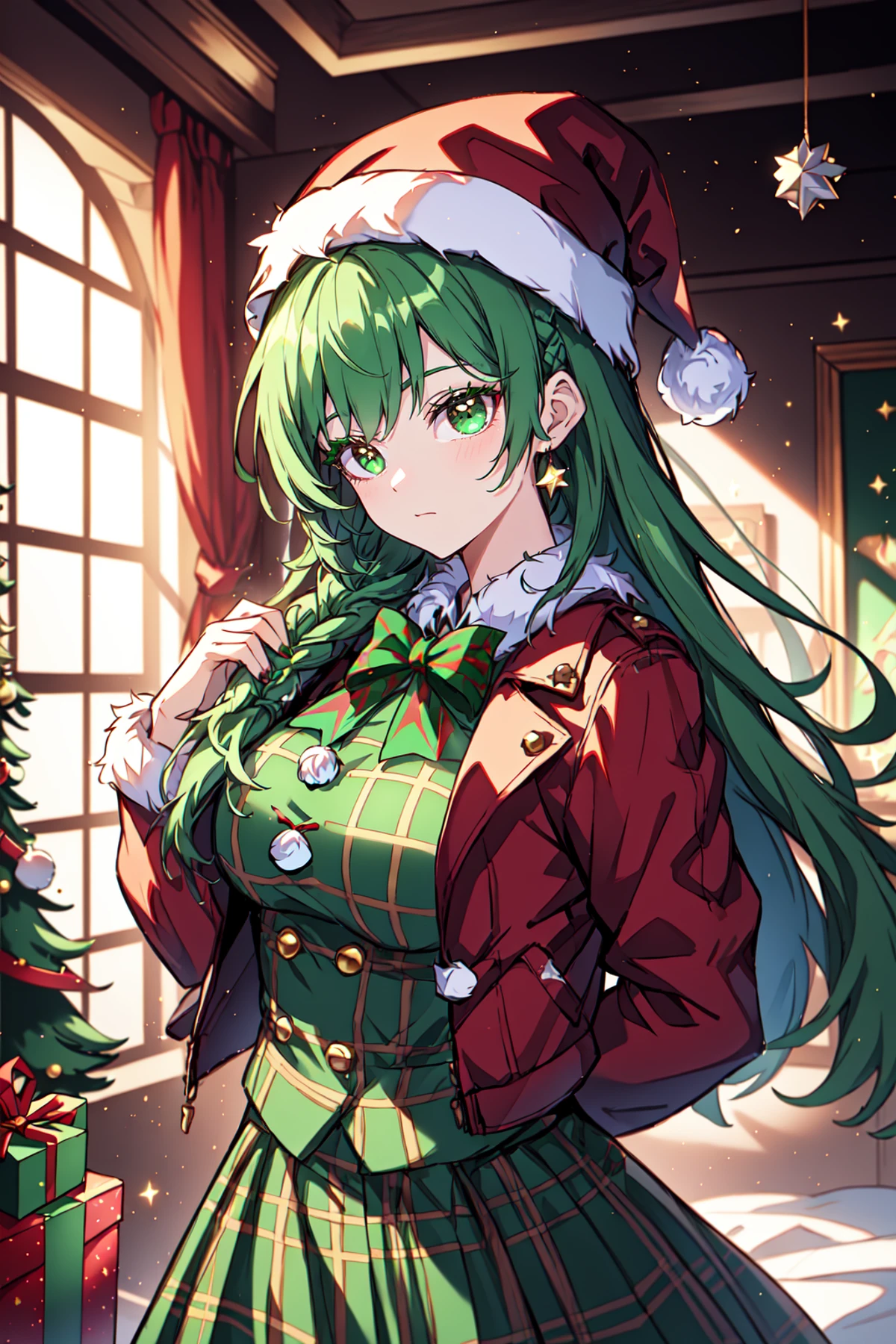 Mrs Claus, skindentation, gossamer, Woman in a green victorian costume, leather jacket, retro theme, braids, makeup, eyeliner, santa hat, plaid green full skirt, christmas theme, inked lines, best illustration, official art, green, gothic, action pose, femme, teamgreenstyle, dynamic angle, semi realistic, 2.5d, side lighting, LUT movie style, magic, Rembrandt lighting, Santa Overlords Style, holidayxl style , vantage point, kemonomimi, 4 point perspective, indoors , extreme light and shadow, ultra sharp, tone mapping, specular relfection <lora:TeamGreenStyle:0.5>, <lora:SantaOverlordsStyle:0.3>, <lora:HolidayIdidalittlebit:0.25>