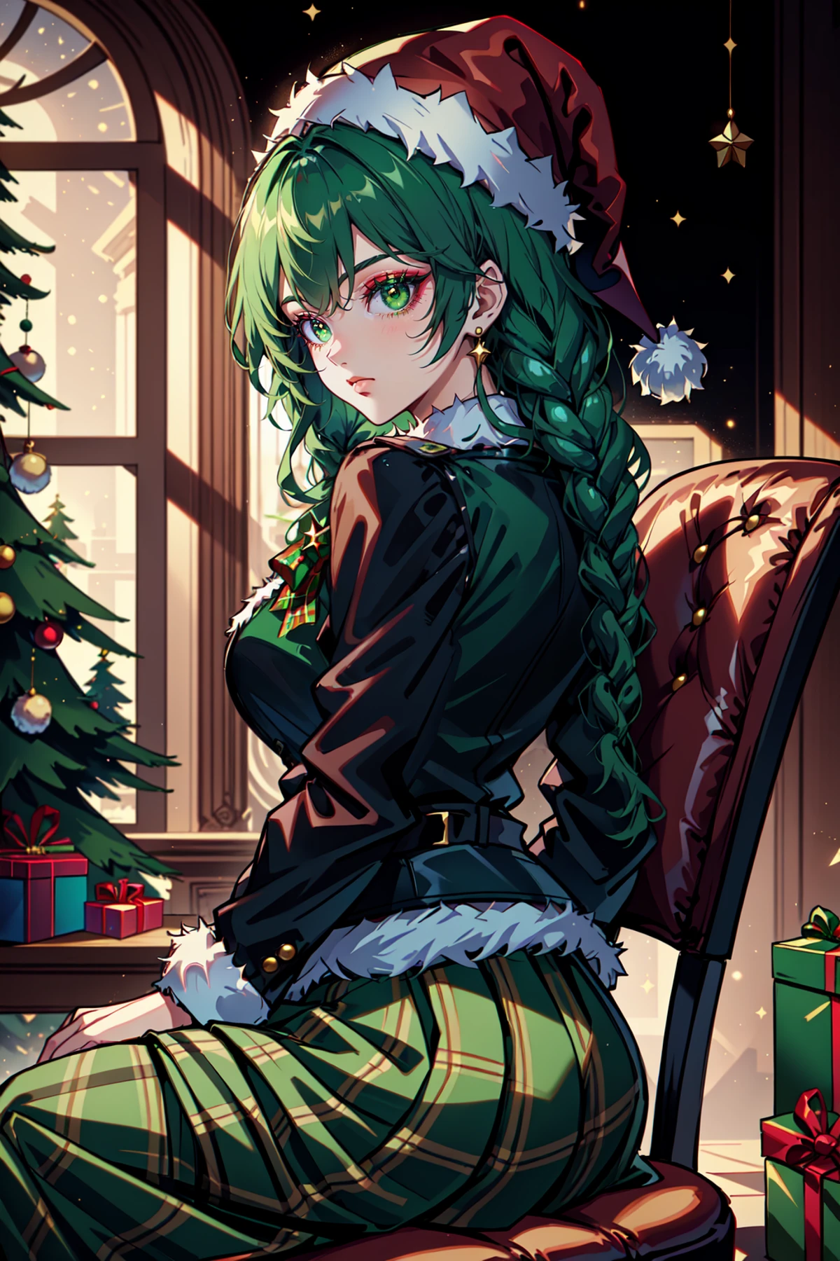 Mrs Claus, skindentation, gossamer, Woman in a green victorian costume, leather jacket, retro theme, braids, makeup, eyeliner, santa hat, plaid green full skirt, christmas theme, inked lines, best illustration, officical art, green, trees, chair, sitting, teamgreenstyle, dynamic angle, semi realistic, 2.5d, side lighting, LUT movie style, back lighting, magic, Rembrandt lighting, Santa Overlords Style, holidayxl style , <lora:TeamGreenStyle:0.5>, <lora:SantaOverlordsStyle:0.3>, <lora:HolidayIdidalittlebit:0.25>