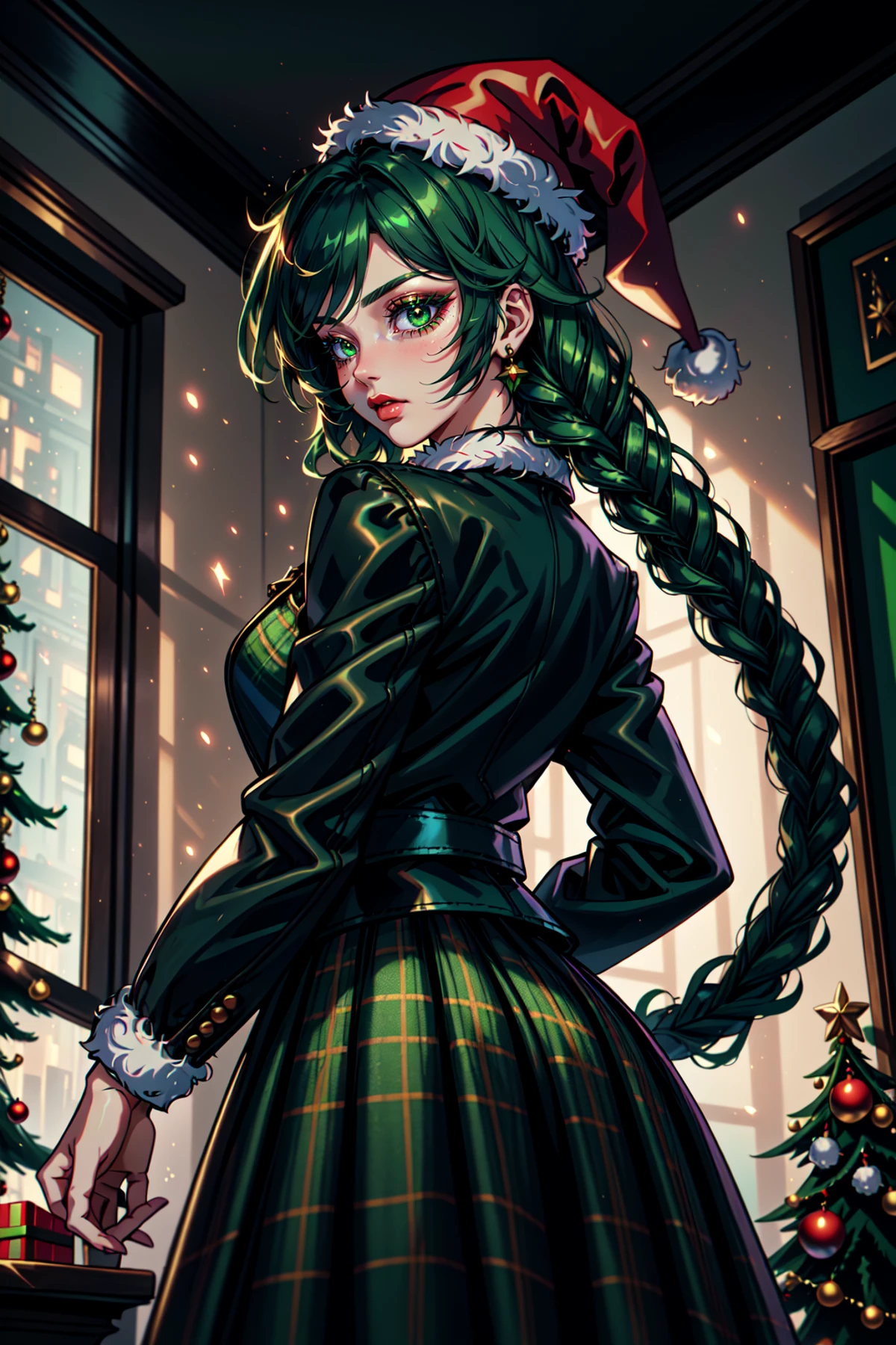 Mrs Claus, skindentation, gossamer, Woman in a green victorian costume, leather jacket, retro theme, braids, makeup, eyeliner, santa hat, plaid green full skirt, christmas theme, inked lines, best illustration, officical art, green, gothic, action pose, femme, teamgreenstyle, dynamic angle, semi realistic, 2.5d, side lighting, LUT movie style, back lighting, magic, Rembrandt lighting, Santa Overlords Style, holidayxl style , vantage point, kemonomimi, 4 point perspective, indoors <lora:TeamGreenStyle:0.5>, <lora:SantaOverlordsStyle:0.3>, <lora:HolidayIdidalittlebit:0.25>