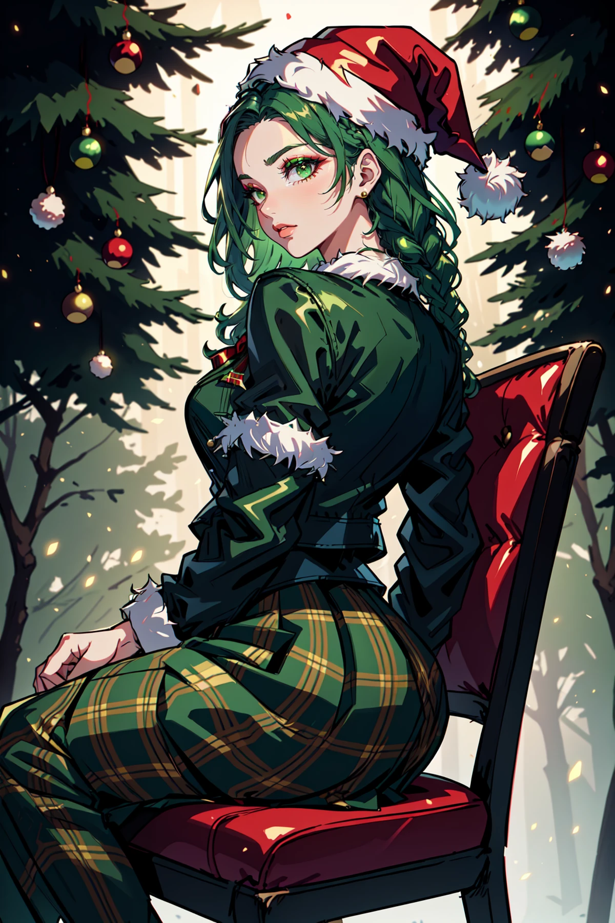 Mrs Claus, Woman in a green victorian costume, leather jacket, retro theme, braids, makeup, eyeliner, santa hat, plaid green full skirt, christmas theme, green, trees, side lighting, LUT movie style, back lighting, magic, Rembrandt lighting, skindentation, gossamer, inked lines, best illustration, officical art, teamgreenstyle, dynamic angle, semi realistic, 2.5d, chair, sitting, fashion photography pose, Santa Overlords Style, holidayxl style , <lora:TeamGreenStyle:0.5>, <lora:SantaOverlordsStyle:0.3>, <lora:HolidayIdidalittlebit:0.25>