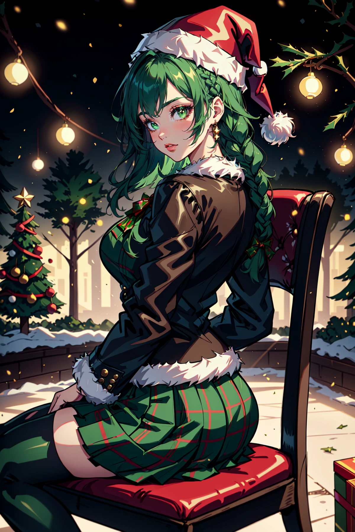 Mrs Claus, Woman in a green victorian costume, leather jacket, retro theme, braids, makeup, eyeliner, santa hat, plaid green full skirt, christmas theme, green, trees, side lighting, LUT movie style, back lighting, magic, Rembrandt lighting, skindentation, gossamer, inked lines, best illustration, officical art, teamgreenstyle, dynamic angle, semi realistic, 2.5d, chair, sitting, fashion photography pose, Santa Overlords Style, holidayxl style , <lora:TeamGreenStyle:0.5>, <lora:SantaOverlordsStyle:0.3>, <lora:HolidayIdidalittlebit:0.25>
