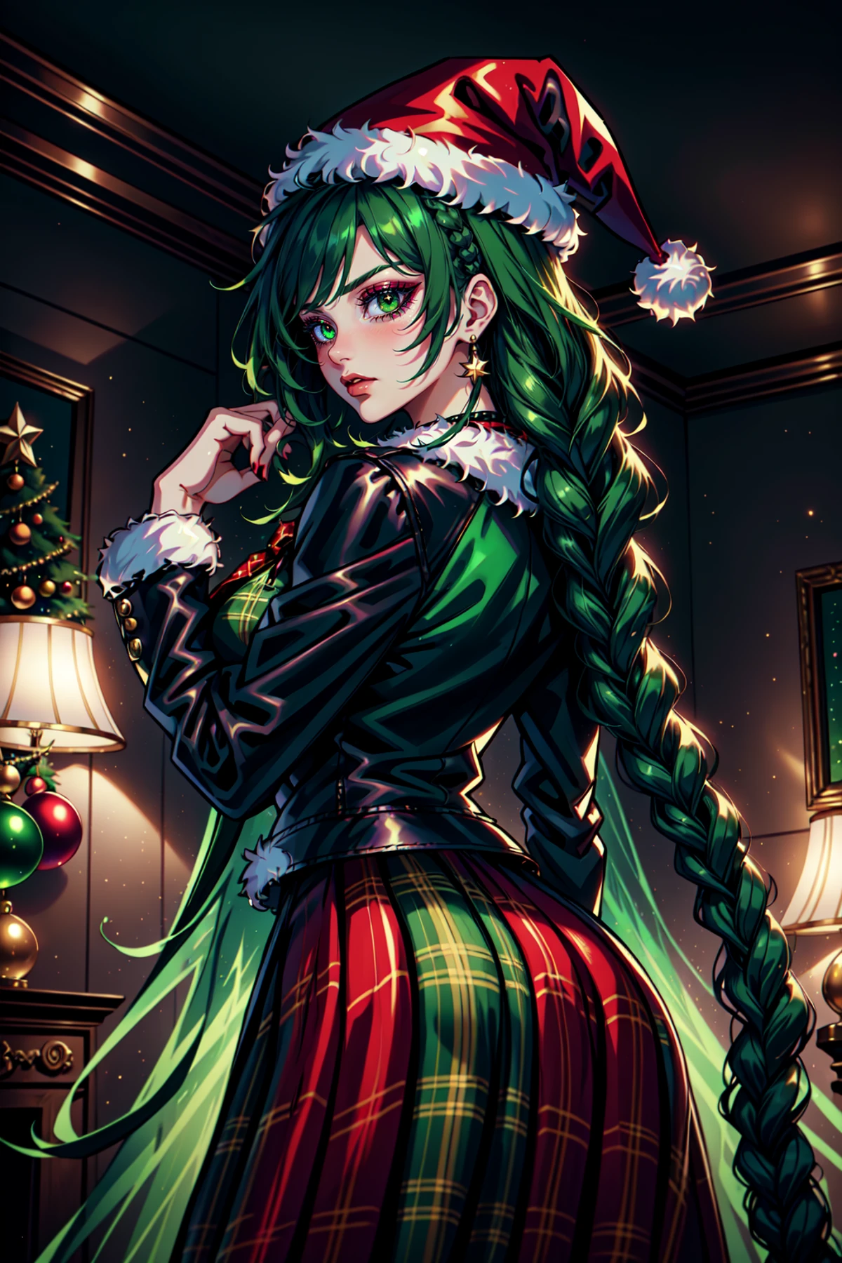 Mrs Claus, skindentation, gossamer, Woman in a green victorian costume, leather jacket, retro theme, braids, makeup, eyeliner, santa hat, plaid green full skirt, christmas theme, inked lines, best illustration, officical art, green, gothic, action pose, femme, teamgreenstyle, dynamic angle, semi realistic, 2.5d, side lighting, LUT movie style, back lighting, magic, Rembrandt lighting, Santa Overlords Style, holidayxl style , vantage point, kemonomimi, 4 point perspective, indoors <lora:TeamGreenStyle:0.5>, <lora:SantaOverlordsStyle:0.3>, <lora:HolidayIdidalittlebit:0.25>