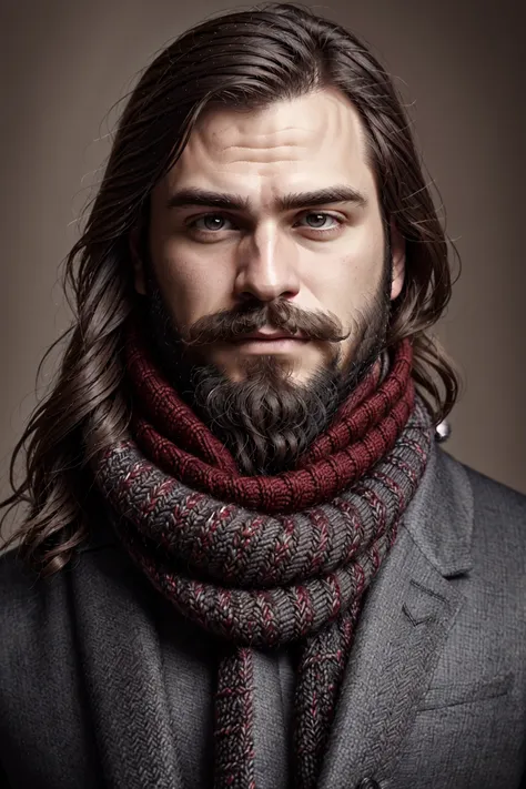 <lora:SantaOverlordsStyle:0.8> Santa Overlords Style, solo, long hair, looking at viewer, simple background, brown hair, 1boy, upper body, male focus, grey background, scarf, facial hair, portrait, christmas, beard, mustache, realistic