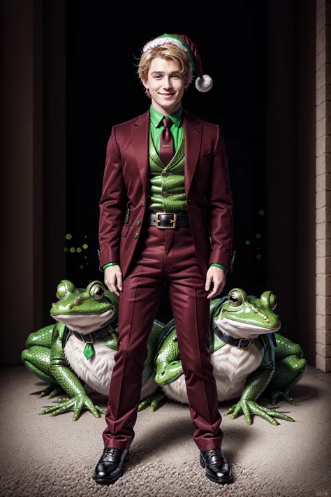 <lora:SantaOverlordsStyle:0.8> Santa Overlords Style, looking at viewer, smile, blonde hair, 1boy, hat, green eyes, standing, male focus, necktie, belt, pants, black footwear, christmas, santa hat, santa costume, hands in pockets, frog, brown pants, realistic