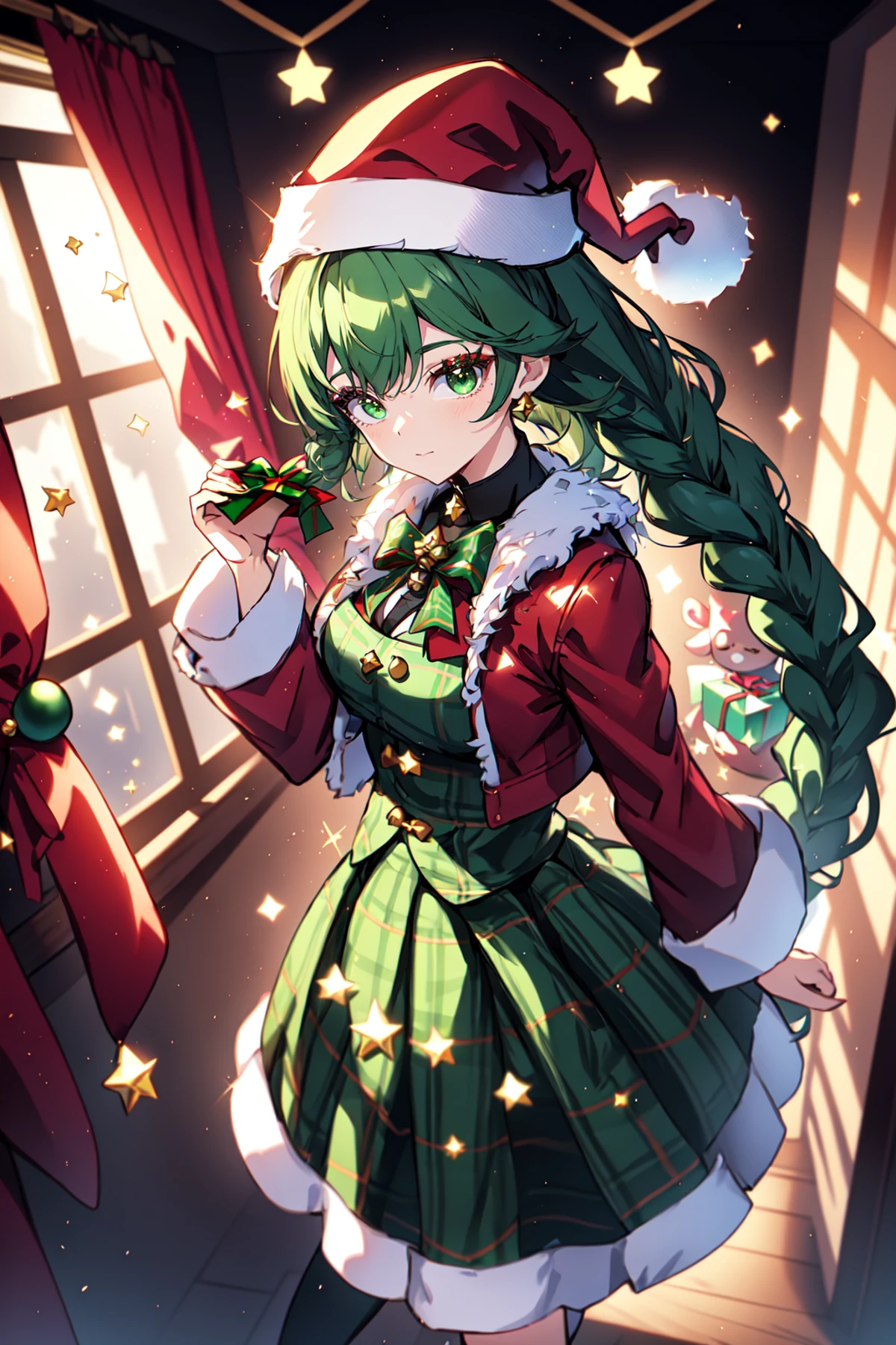 Mrs Claus, skindentation, gossamer, Woman in a green victorian costume, leather jacket, retro theme, braids, makeup, eyeliner, santa hat, plaid green full skirt, christmas theme, inked lines, best illustration, official art, green, gothic, action pose, femme, teamgreenstyle, dynamic angle, semi realistic, 2.5d, side lighting, LUT movie style, magic, Rembrandt lighting, Santa Overlords Style, holidayxl style , vantage point, kemonomimi, 4 point perspective, indoors , extreme light and shadow, ultra sharp, tone mapping, specular relfection <lora:TeamGreenStyle:0.5>, <lora:SantaOverlordsStyle:0.3>, <lora:HolidayIdidalittlebit:0.25>