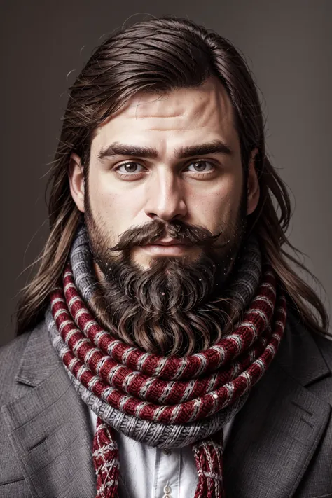 <lora:SantaOverlordsStyle:0.8> Santa Overlords Style, solo, long hair, looking at viewer, simple background, brown hair, 1boy, upper body, male focus, grey background, scarf, facial hair, portrait, christmas, beard, mustache, realistic