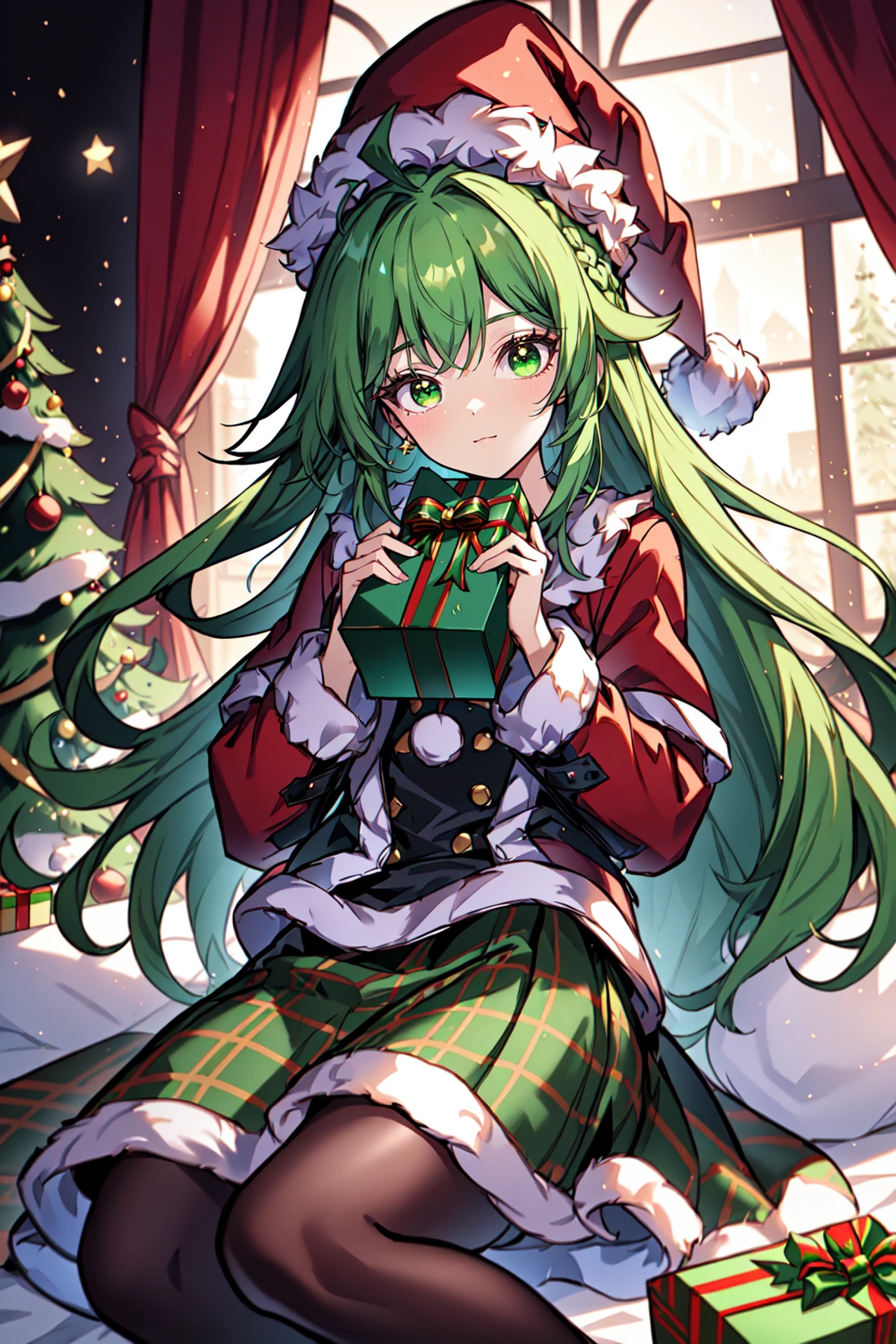 Mrs Claus, skindentation, gossamer, Woman in a green victorian costume, leather jacket, retro theme, braids, makeup, eyeliner, santa hat, plaid green full skirt, christmas theme, inked lines, best illustration, official art, green, gothic, action pose, femme, teamgreenstyle, dynamic angle, semi realistic, 2.5d, side lighting, LUT movie style, magic, Rembrandt lighting, Santa Overlords Style, holidayxl style , vantage point, kemonomimi, 4 point perspective, indoors , extreme light and shadow, ultra sharp, tone mapping, specular relfection <lora:TeamGreenStyle:0.5>, <lora:SantaOverlordsStyle:0.3>, <lora:HolidayIdidalittlebit:0.25>