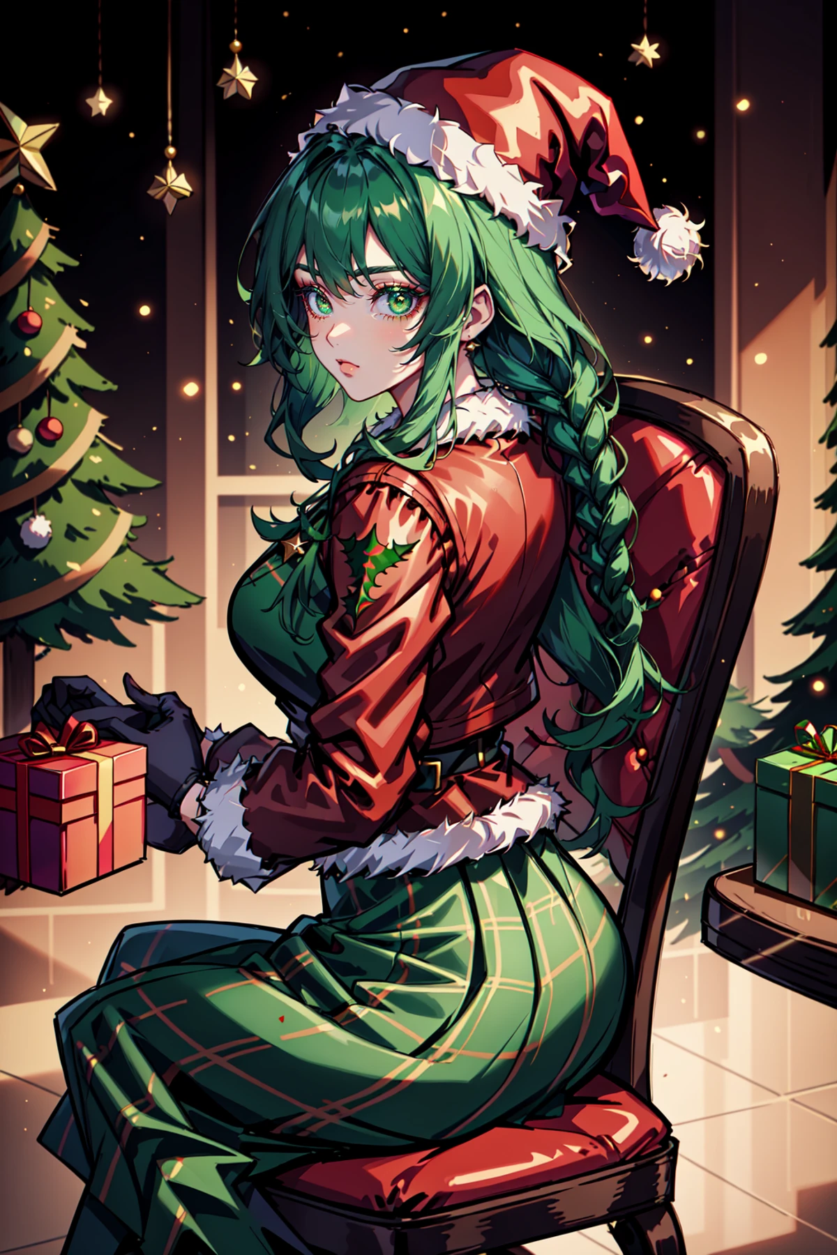 Mrs Claus, skindentation, gossamer, Woman in a green victorian costume, leather jacket, retro theme, braids, makeup, eyeliner, santa hat, plaid green full skirt, christmas theme, inked lines, best illustration, officical art, green, trees, chair, sitting, teamgreenstyle, dynamic angle, semi realistic, 2.5d, side lighting, LUT movie style, back lighting, magic, Rembrandt lighting, Santa Overlords Style, holidayxl style , <lora:TeamGreenStyle:0.5>, <lora:SantaOverlordsStyle:0.3>, <lora:HolidayIdidalittlebit:0.25>