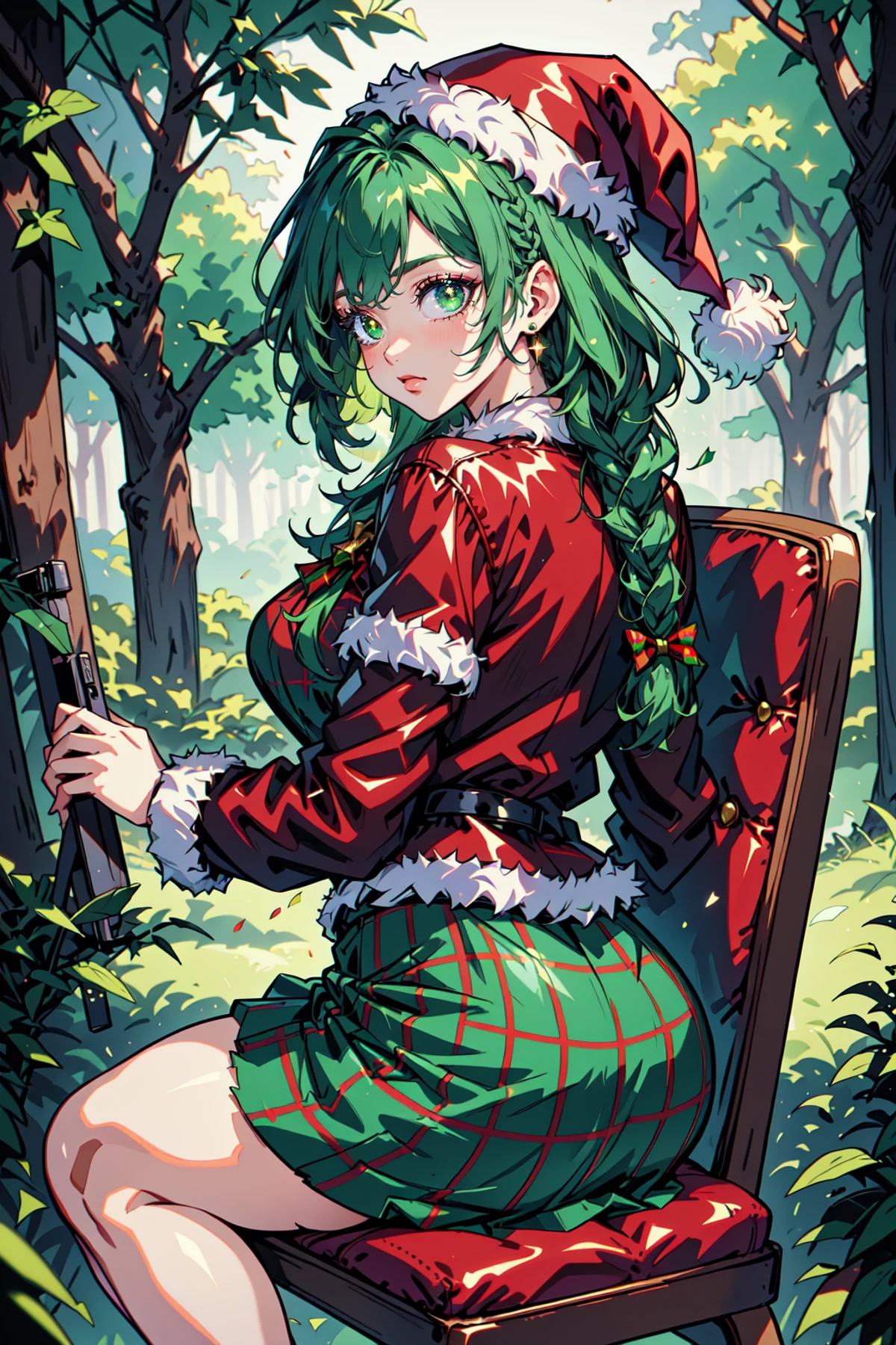 Mrs Claus, Woman in a green victorian costume, leather jacket, retro theme, braids, dreadlocks, makeup, eyeliner, santa hat, plaid green full skirt, christmas theme, green, trees, side lighting, LUT movie style, back lit, magic, Rembrandt lighting, skindentation, gossamer, inked lines, best illustration, officical art, teamgreenstyle, dynamic angle, semi realistic, 2.5d, chair, sitting, fashion photography pose, Santa Overlords Style, holidayxl style , Best_QualityPos , LoFiFilter, PolaroidFilter, <lora:TeamGreenStyle:0.5>, <lora:SantaOverlordsStyle:0.3>, <lora:HolidayIdidalittlebit:0.25>