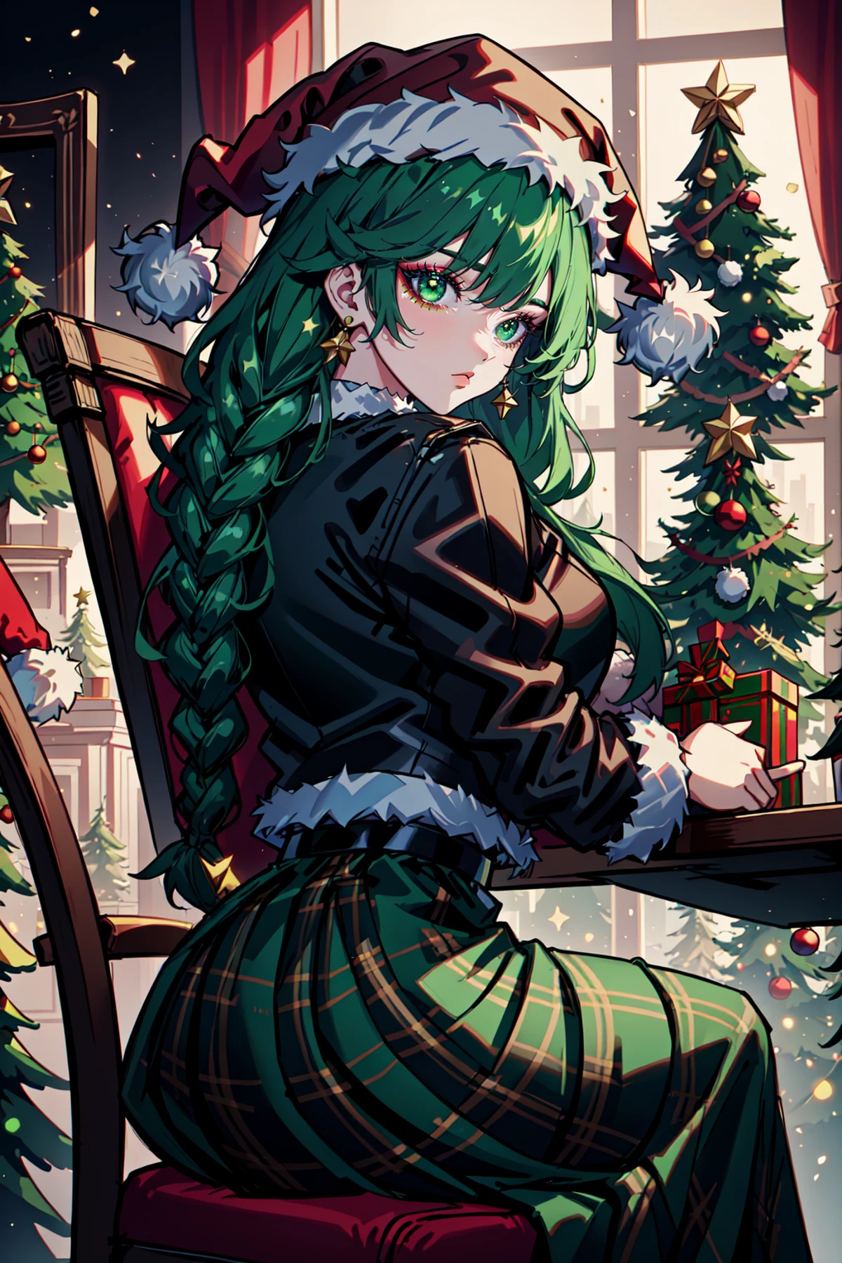 Mrs Claus, skindentation, gossamer, Woman in a green victorian costume, leather jacket, retro theme, braids, makeup, eyeliner, santa hat, plaid green full skirt, christmas theme, inked lines, best illustration, officical art, green, trees, chair, sitting, teamgreenstyle, dynamic angle, semi realistic, 2.5d, side lighting, LUT movie style, back lighting, magic, Rembrandt lighting, Santa Overlords Style, holidayxl style , <lora:TeamGreenStyle:0.5>, <lora:SantaOverlordsStyle:0.3>, <lora:HolidayIdidalittlebit:0.25>