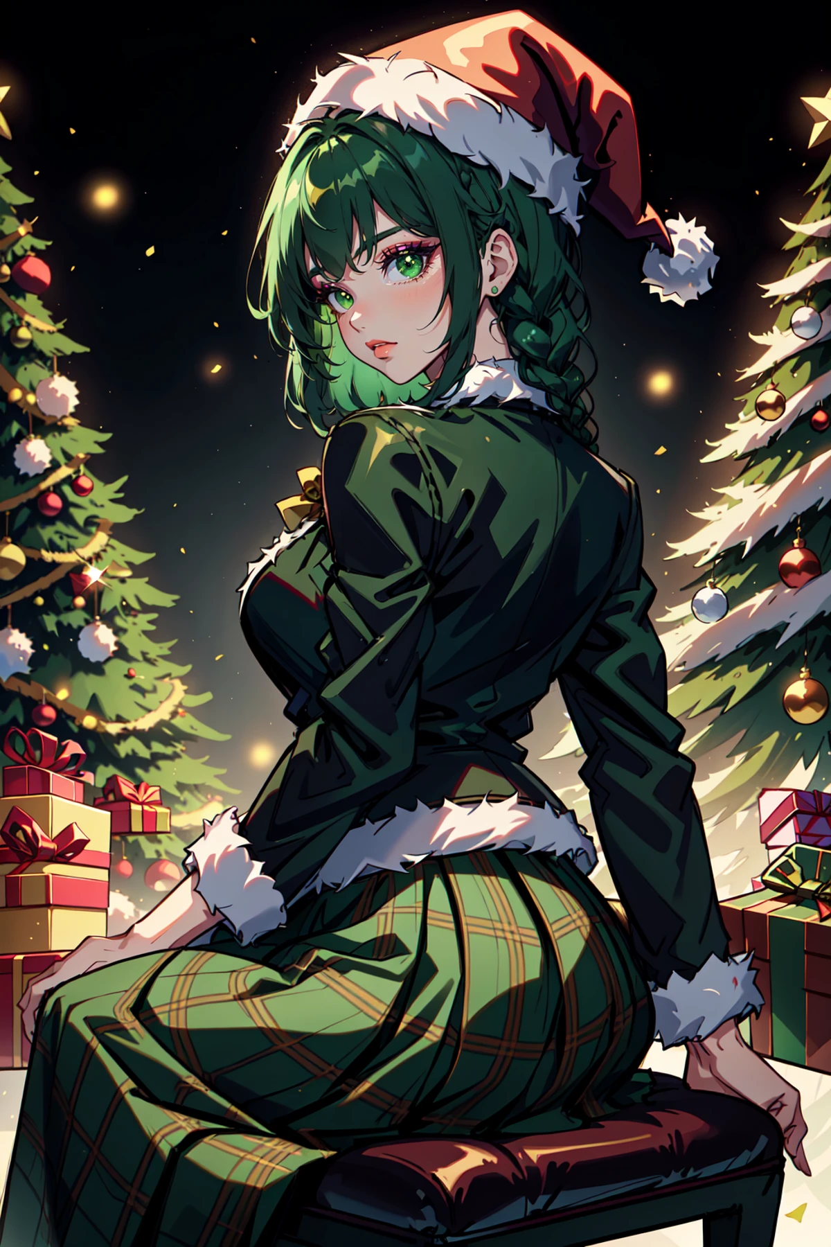 Mrs Claus, Woman in a green victorian costume, leather jacket, retro theme, braids, makeup, eyeliner, santa hat, plaid green full skirt, christmas theme, green, trees, side lighting, LUT movie style, back lighting, magic, Rembrandt lighting, skindentation, gossamer, inked lines, best illustration, officical art, teamgreenstyle, dynamic angle, semi realistic, 2.5d, chair, sitting, fashion photography pose, Santa Overlords Style, holidayxl style , <lora:TeamGreenStyle:0.5>, <lora:SantaOverlordsStyle:0.3>, <lora:HolidayIdidalittlebit:0.25>
