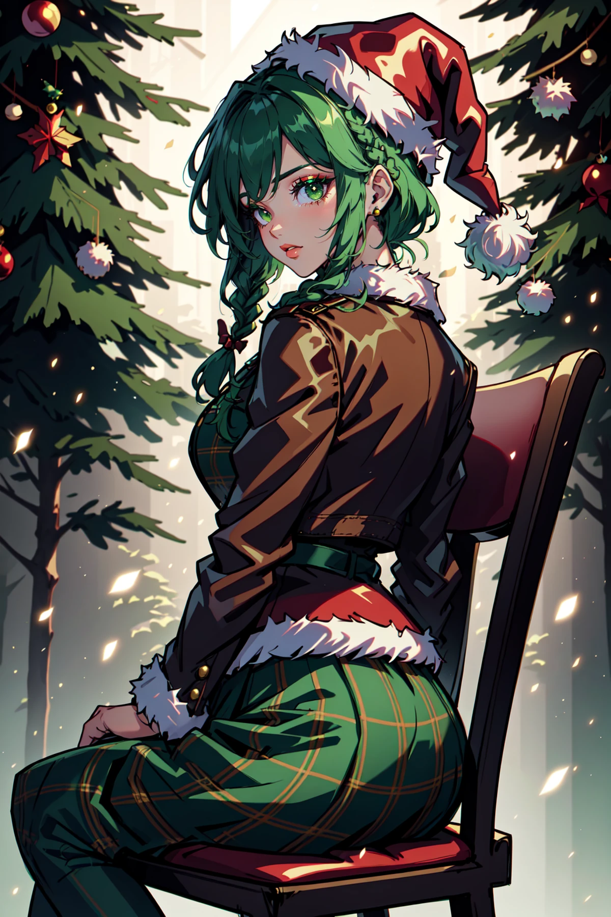 Mrs Claus, Woman in a green victorian costume, leather jacket, retro theme, braids, makeup, eyeliner, santa hat, plaid green full skirt, christmas theme, green, trees, side lighting, LUT movie style, back lighting, magic, Rembrandt lighting, skindentation, gossamer, inked lines, best illustration, officical art, teamgreenstyle, dynamic angle, semi realistic, 2.5d, chair, sitting, fashion photography pose, Santa Overlords Style, holidayxl style , <lora:TeamGreenStyle:0.5>, <lora:SantaOverlordsStyle:0.3>, <lora:HolidayIdidalittlebit:0.25>