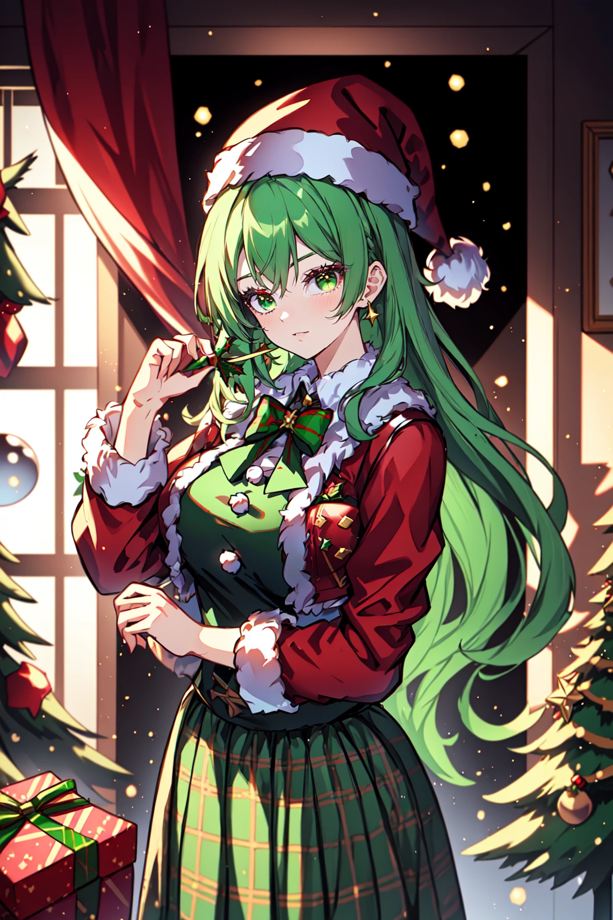 Mrs Claus, skindentation, gossamer, Woman in a green victorian costume, leather jacket, retro theme, braids, makeup, eyeliner, santa hat, plaid green full skirt, christmas theme, inked lines, best illustration, official art, green, gothic, action pose, femme, teamgreenstyle, dynamic angle, semi realistic, 2.5d, side lighting, LUT movie style, magic, Rembrandt lighting, Santa Overlords Style, holidayxl style , vantage point, kemonomimi, 4 point perspective, indoors , extreme light and shadow, ultra sharp, tone mapping, specular relfection <lora:TeamGreenStyle:0.5>, <lora:SantaOverlordsStyle:0.3>, <lora:HolidayIdidalittlebit:0.25>