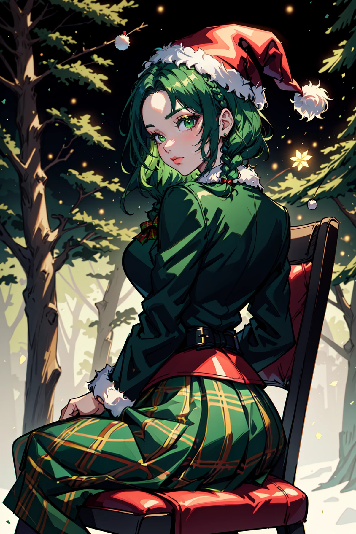 Mrs Claus, Woman in a green victorian costume, leather jacket, retro theme, braids, makeup, eyeliner, santa hat, plaid green full skirt, christmas theme, green, trees, side lighting, LUT movie style, back lighting, magic, Rembrandt lighting, skindentation, gossamer, inked lines, best illustration, officical art, teamgreenstyle, dynamic angle, semi realistic, 2.5d, chair, sitting, fashion photography pose, Santa Overlords Style, holidayxl style , <lora:TeamGreenStyle:0.5>, <lora:SantaOverlordsStyle:0.3>, <lora:HolidayIdidalittlebit:0.25>
