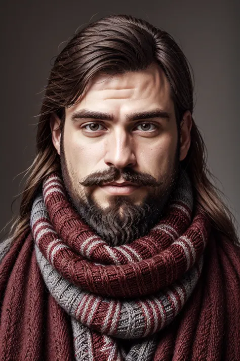 <lora:SantaOverlordsStyle:0.8> Santa Overlords Style, solo, long hair, looking at viewer, simple background, brown hair, 1boy, upper body, male focus, grey background, scarf, facial hair, portrait, christmas, beard, mustache, realistic