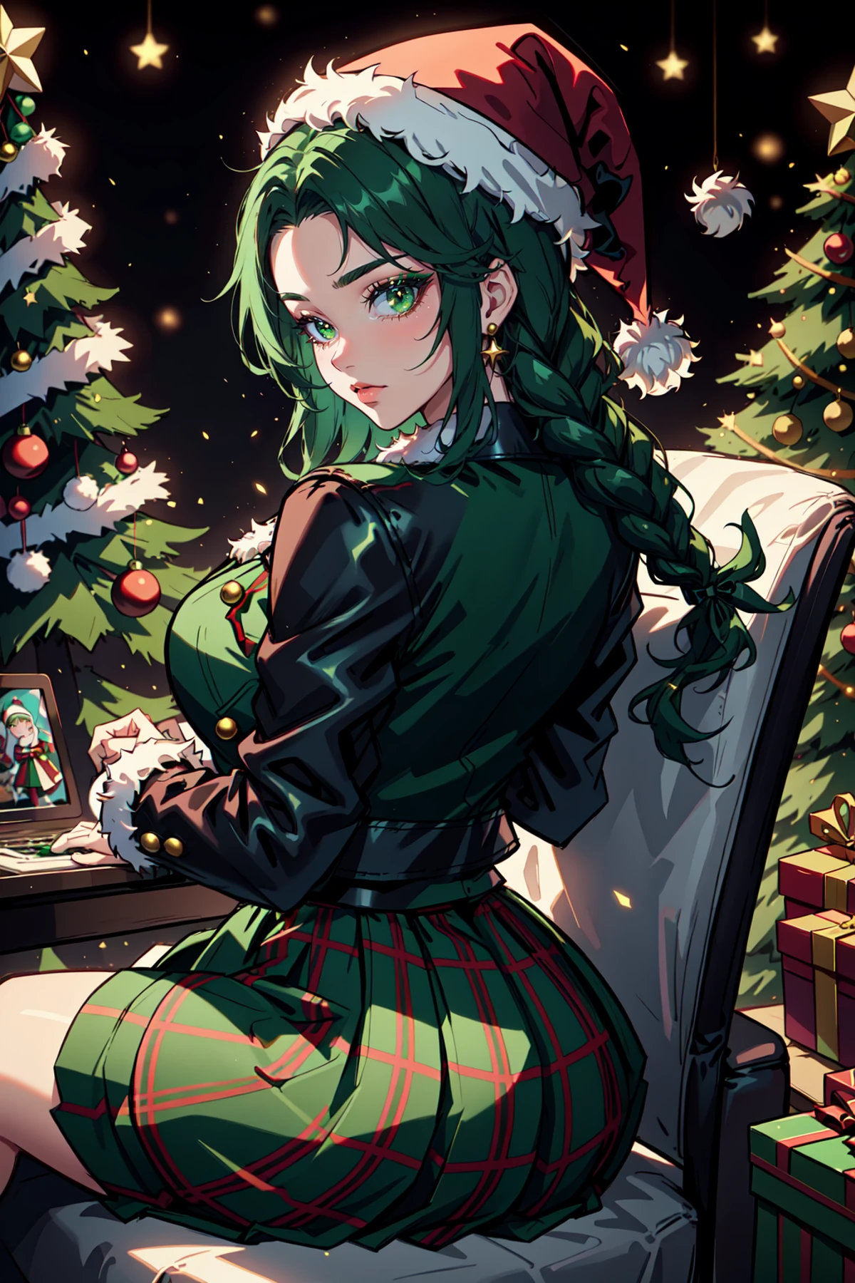 Mrs Claus, Woman in a green victorian costume, leather jacket, retro theme, braids, makeup, eyeliner, santa hat, plaid green full skirt, christmas theme, green, trees, side lighting, LUT movie style, back lighting, magic, Rembrandt lighting, skindentation, gossamer, inked lines, best illustration, officical art, teamgreenstyle, dynamic angle, semi realistic, 2.5d, chair, sitting, fashion photography pose, Santa Overlords Style, holidayxl style , <lora:TeamGreenStyle:0.5>, <lora:SantaOverlordsStyle:0.3>, <lora:HolidayIdidalittlebit:0.25>