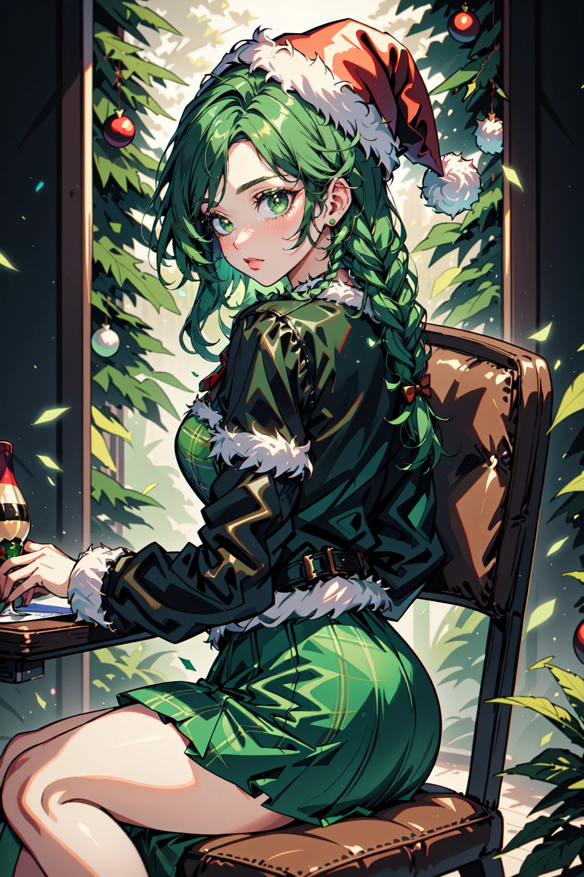 Mrs Claus, Woman in a green victorian costume, leather jacket, retro theme, braids, dreadlocks, makeup, eyeliner, santa hat, plaid green full skirt, christmas theme, green, trees, side lighting, LUT movie style, back lit, magic, Rembrandt lighting, skindentation, gossamer, inked lines, best illustration, officical art, teamgreenstyle, dynamic angle, semi realistic, 2.5d, chair, sitting, fashion photography pose, Santa Overlords Style, holidayxl style , Best_QualityPos , LoFiFilter, PolaroidFilter, <lora:TeamGreenStyle:0.5>, <lora:SantaOverlordsStyle:0.3>, <lora:HolidayIdidalittlebit:0.25>