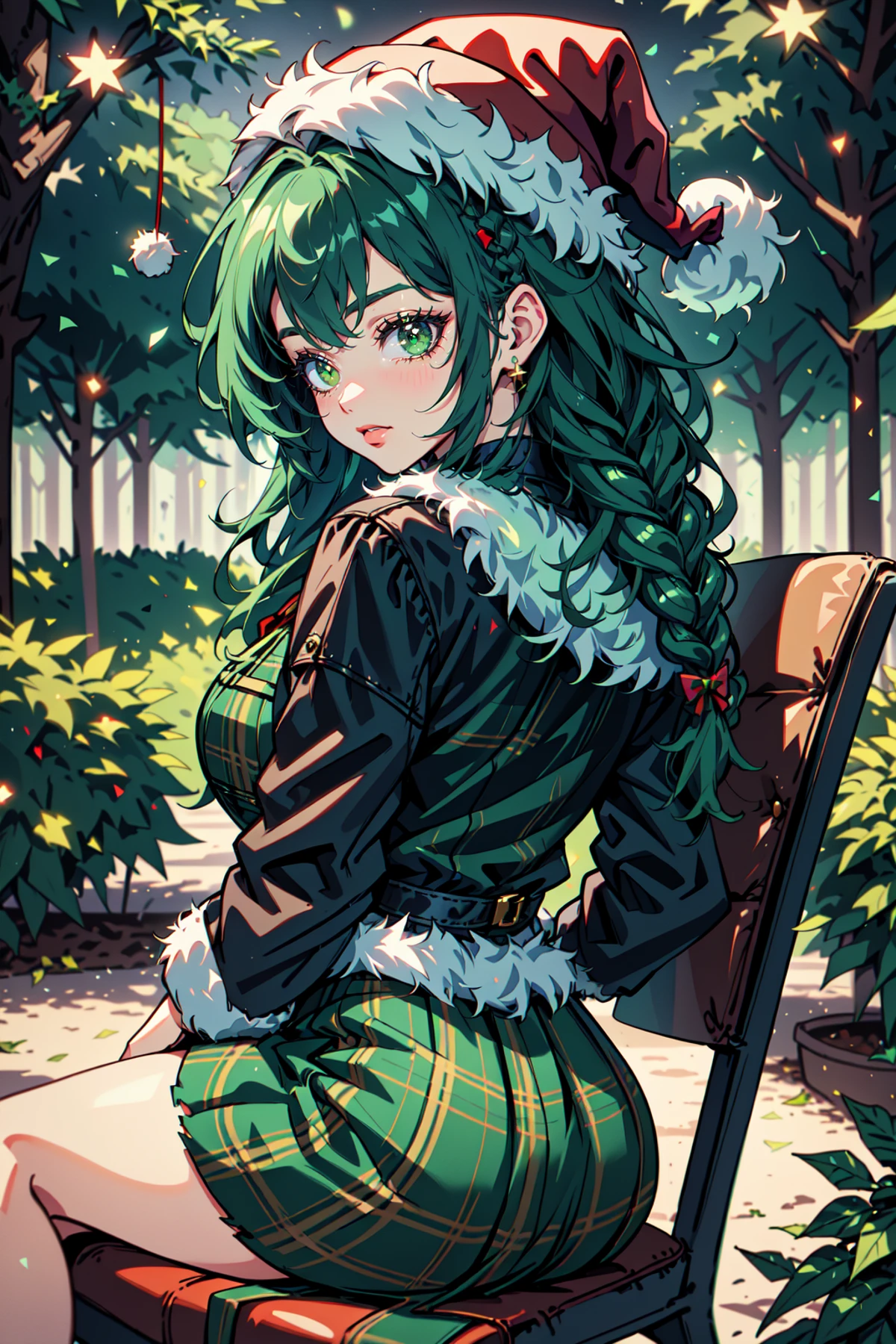 Mrs Claus, Woman in a green victorian costume, leather jacket, retro theme, braids, dreadlocks, makeup, eyeliner, santa hat, plaid green full skirt, christmas theme, green, trees, side lighting, LUT movie style, back lit, magic, Rembrandt lighting, skindentation, gossamer, inked lines, best illustration, officical art, teamgreenstyle, dynamic angle, semi realistic, 2.5d, chair, sitting, fashion photography pose, Santa Overlords Style, holidayxl style , Best_QualityPos , LoFiFilter, PolaroidFilter, <lora:TeamGreenStyle:0.5>, <lora:SantaOverlordsStyle:0.3>, <lora:HolidayIdidalittlebit:0.25>