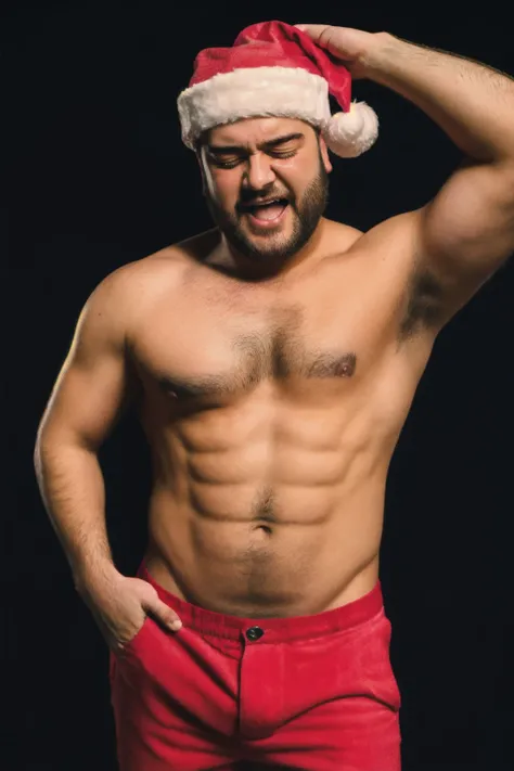 Santa Overlords Style, solo, short hair, open mouth, brown hair, 1boy, hat, navel, nipples, closed eyes, male focus, pants, facial hair, pectorals, black background, santa hat, meme, topless male, realistic, grabbing own breast, fat, chest hair, navel hair, arm hair, <lora:SantaOverlordsStyle:0.8>