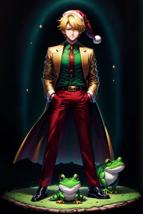 <lora:SantaOverlordsStyle:0.8> Santa Overlords Style, looking at viewer, smile, blonde hair, 1boy, hat, green eyes, standing, male focus, necktie, belt, pants, black footwear, christmas, santa hat, santa costume, hands in pockets, frog, brown pants