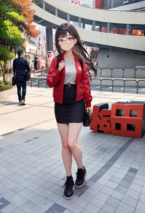 masterpiece, best quality, very aesthetic, absurdres,
1girl, solo, glasses, black hair, long hair, jacket, skirt, black bag, smile, looking at viewer, solo focus,
Monument, UmedaIsu, scenery, Osaka, Japan, scenery, outdoors, tree, fence, real world location, 
 <lora:osaka_umedaisu_SDXL_V1:1>