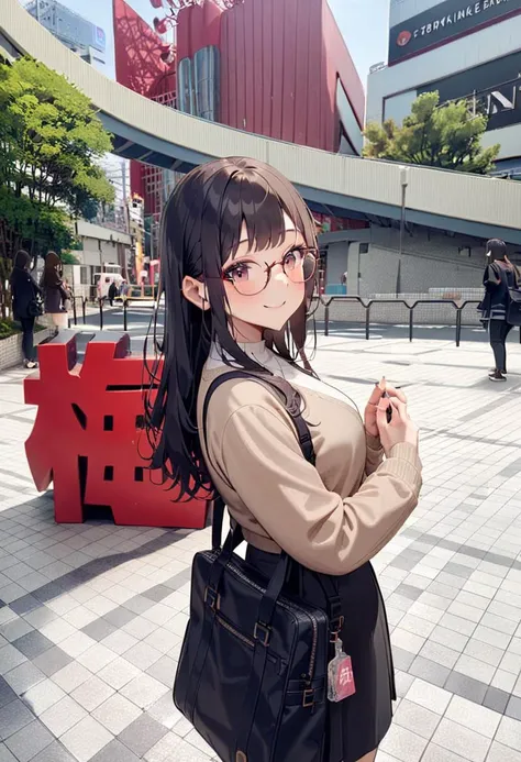 masterpiece, best quality, very aesthetic, absurdres,
1girl, solo, glasses, black hair, long hair, jacket, skirt, black bag, smile, looking at viewer, solo focus,
Monument, UmedaIsu, scenery, Osaka, Japan, scenery, outdoors, tree, fence, real world location, 
 <lora:osaka_umedaisu_SDXL_V1:1>