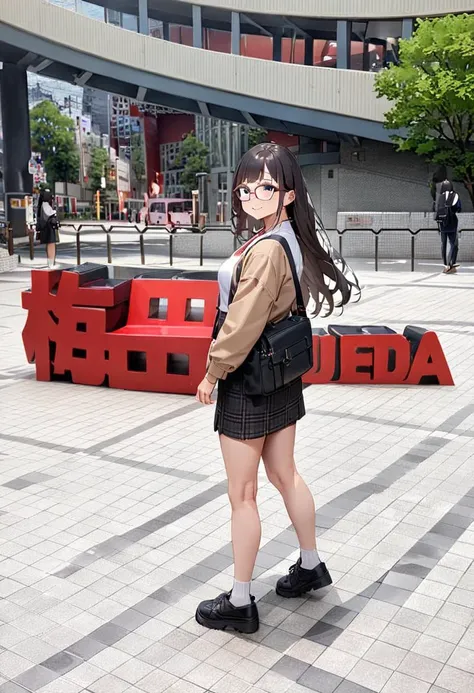 masterpiece, best quality, very aesthetic, absurdres,
1girl, solo, glasses, black hair, long hair, jacket, skirt, black bag, smile, looking at viewer, solo focus,
Monument, UmedaIsu, scenery, Osaka, Japan, scenery, outdoors, tree, fence, real world location, 
 <lora:osaka_umedaisu_SDXL_V1:1>