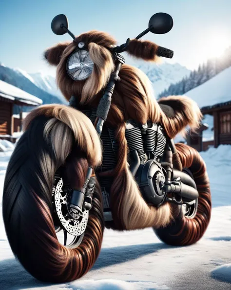 side view shot of a Stressed Peruvian Motorcycle, winter background, Winter, Very wide view, Realistic, back-light, <lora:DonMH41rXL-000006:1> DonMH41rXL