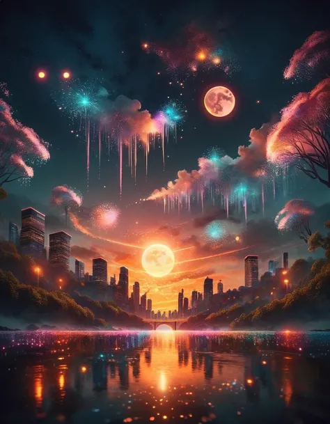 Dreamyvibes artstyle, Surreal landscape blending day and night, where a river of stars divides a cityscape merging with a forest. Architectural elements float, defying gravity, with a backdrop of a dual sunset and moonrise, High detail, ethereal glow, and vibrant color palette, anime style <lora:ral-firworx:1> ral-fireworx