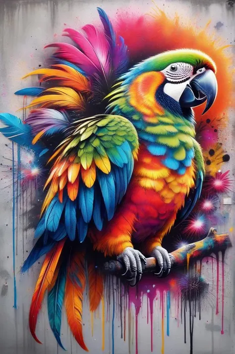 A colorful parrot depicted in a graffiti-inspired artwork, its feathers intricately detailed with spray-tinted shades. The minimalist style focuses on the bird's beauty and energy, with bold colors enhancing its exotic allure.ral-firworx <lora:ral-firworx:1>