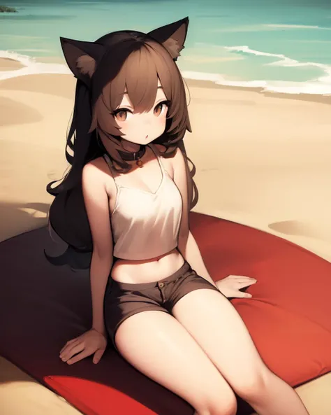 <lyco:shirokujira-NAI-LyCORIS:1>
a cat_ears girl in crop-top and short shorts sitting on a sunny beach